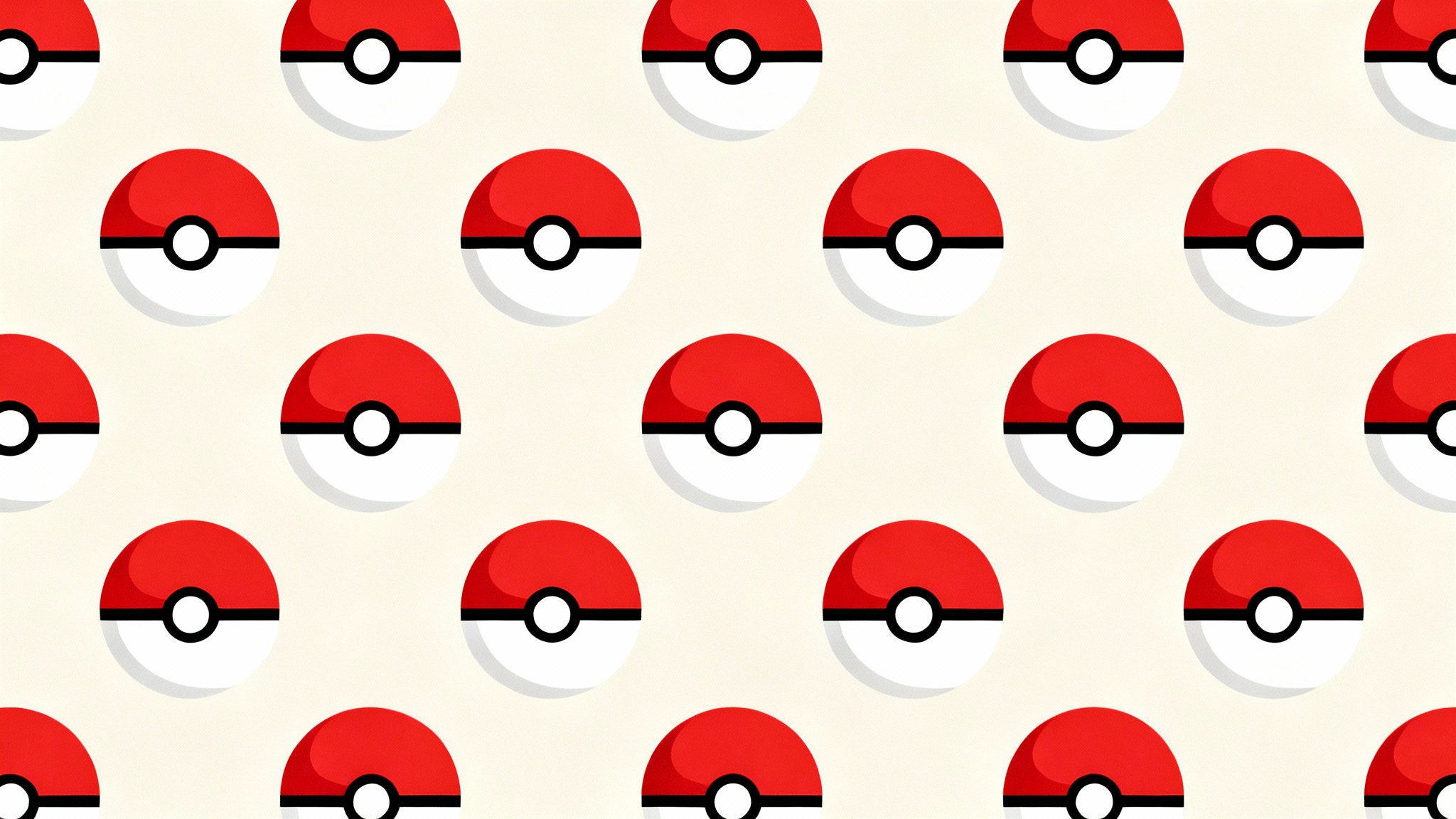 A seamless pattern of classic red and white Pokeballs arranged in a neat grid on a white background, depicted in a minimalist, flat graphic style.