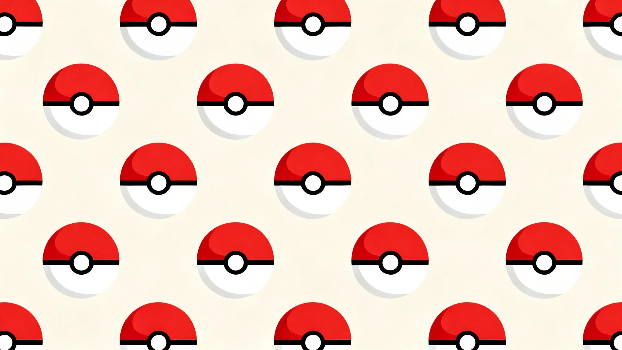 A seamless pattern of classic red and white Pokeballs arranged in a neat grid on a white background, depicted in a minimalist, flat graphic style.