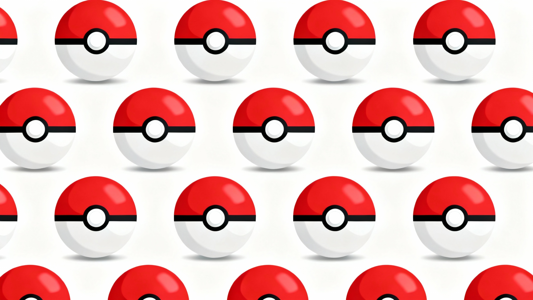 A seamless repeating pattern of classic red and white Pokeballs arranged in a neat grid on a clean white background, creating a minimalist and graphic wallpaper design.