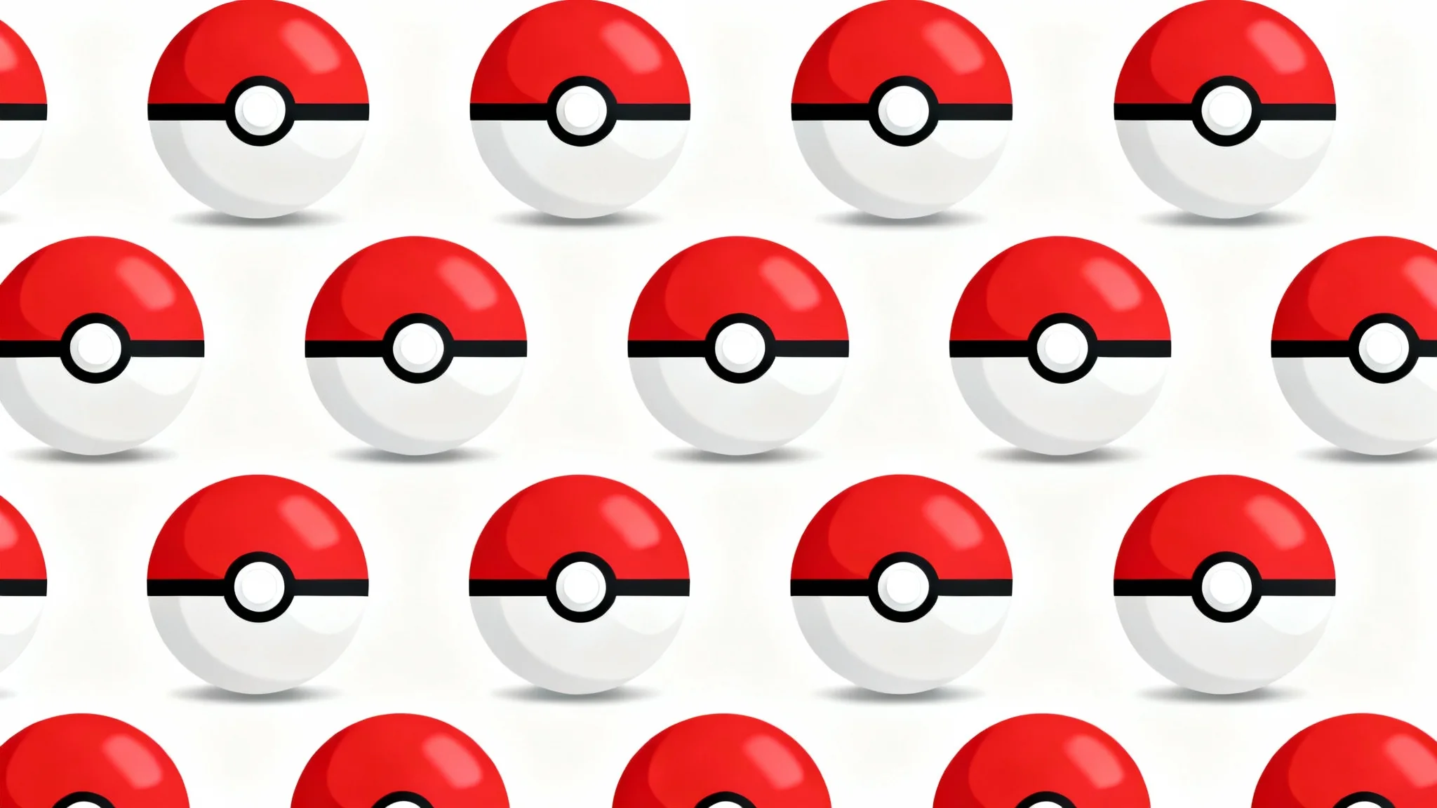A seamless repeating pattern of classic red and white Pokeballs arranged in a neat grid on a clean white background, creating a minimalist and graphic wallpaper design.