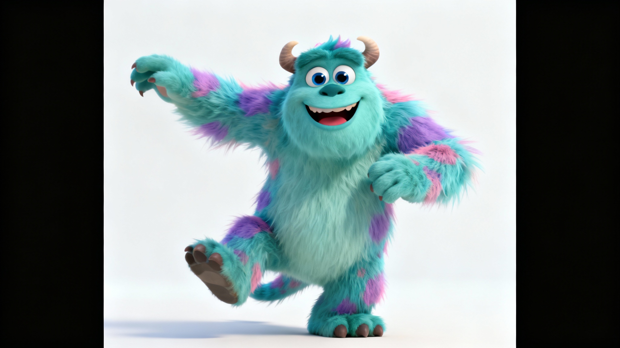 A high-quality digital illustration of a friendly, fluffy monster with colorful fur and big eyes, smiling and posing against a clean white background. The style is a polished 3D cartoon.
