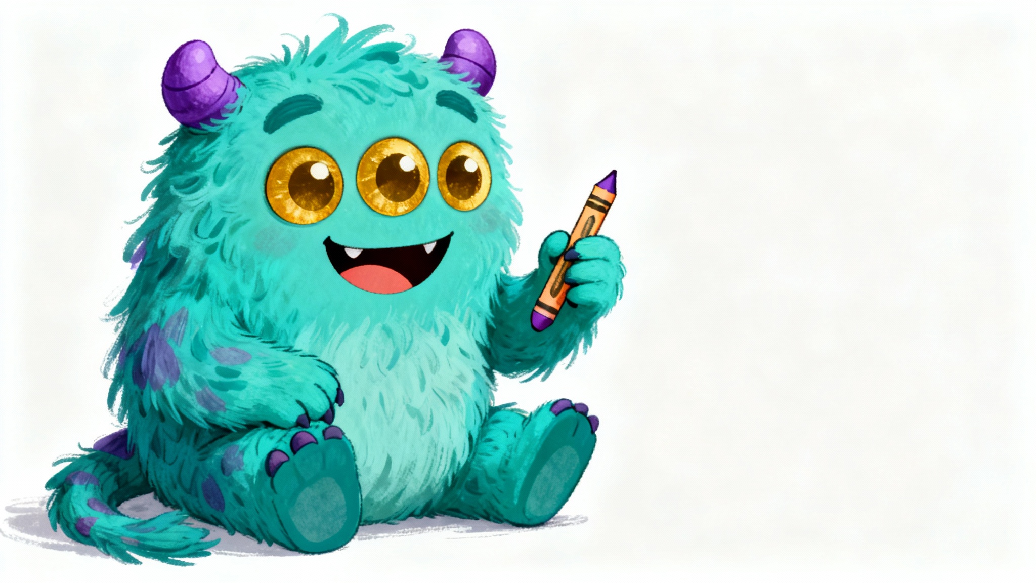A colorful digital drawing of a friendly turquoise monster with three eyes and purple horns, rendered in a children's book illustration style against a white background.