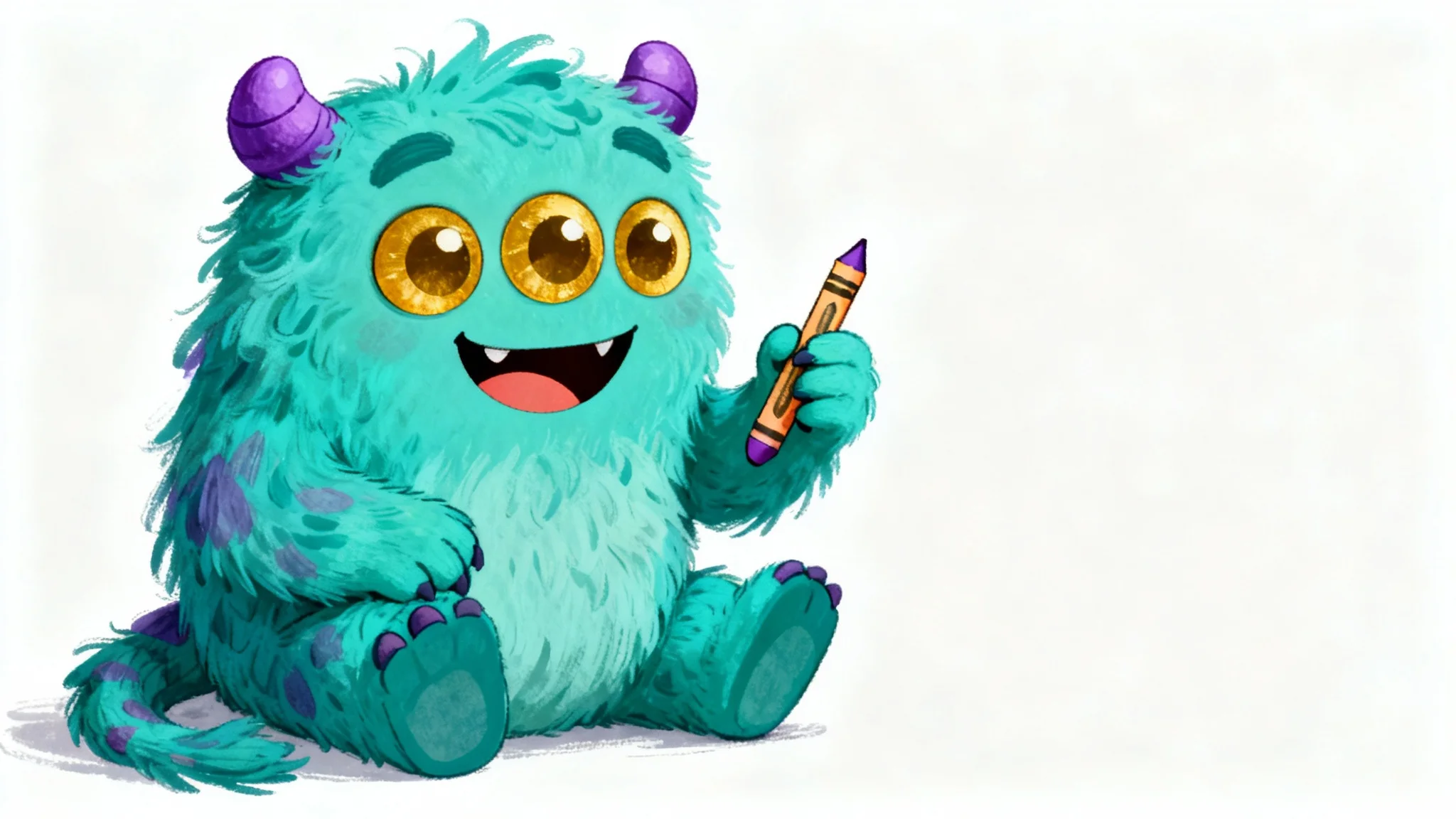 A colorful digital drawing of a friendly turquoise monster with three eyes and purple horns, rendered in a children's book illustration style against a white background.