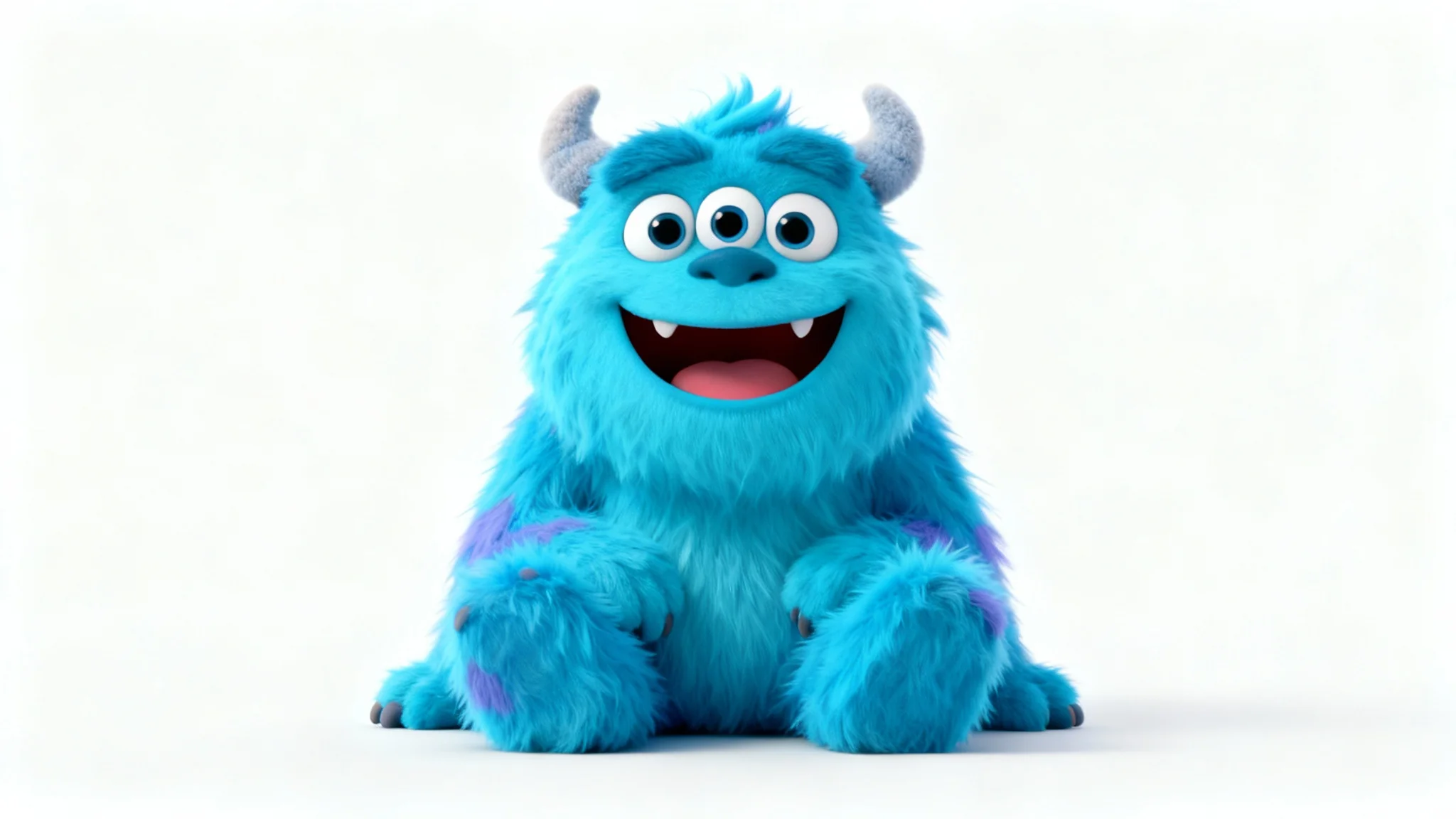 A cute children's drawing of a friendly, fluffy blue monster with three eyes, smiling against a plain white background.