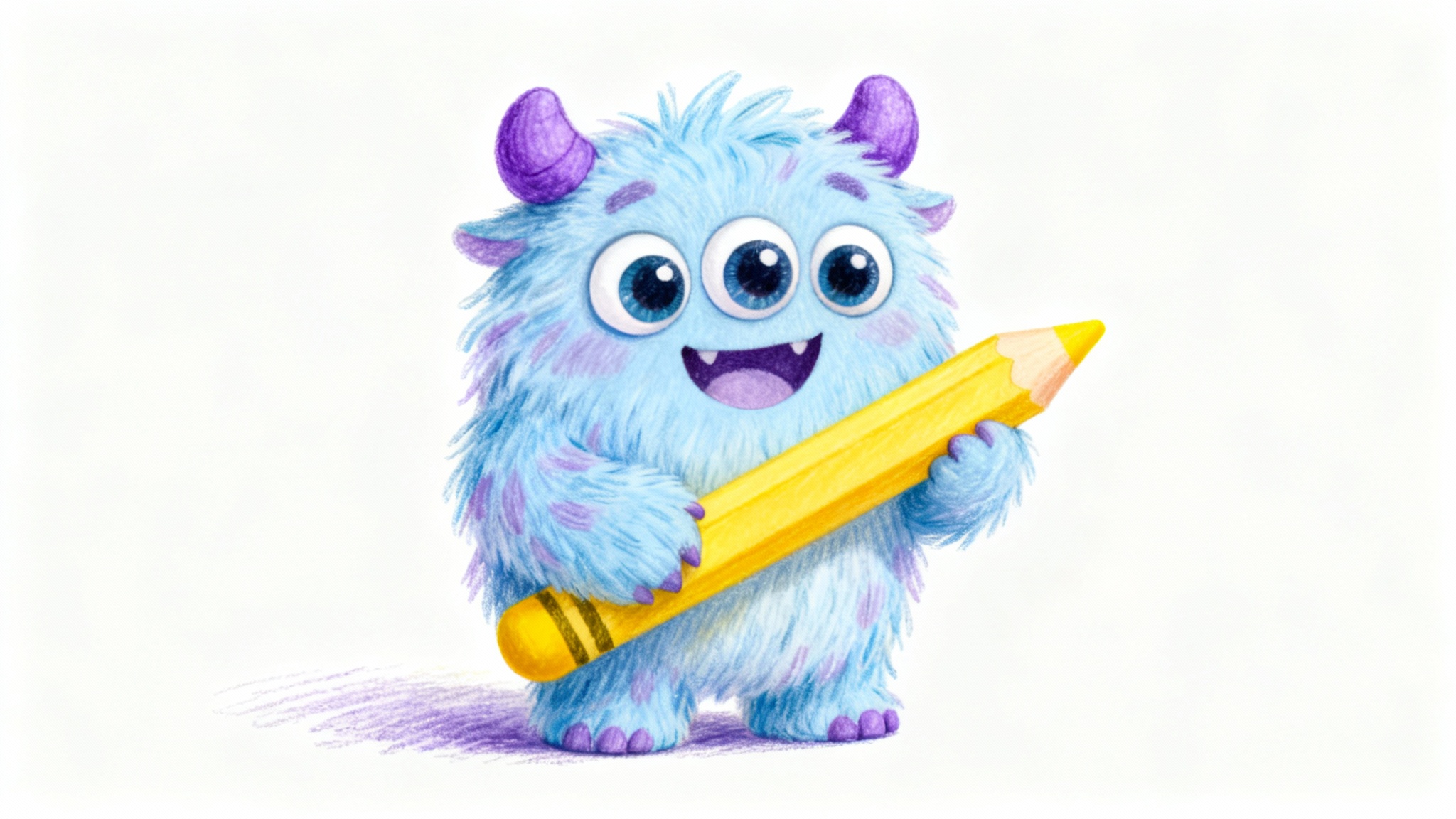 A whimsical children's drawing of a friendly, fluffy blue monster with three eyes, holding a yellow crayon on a white background.