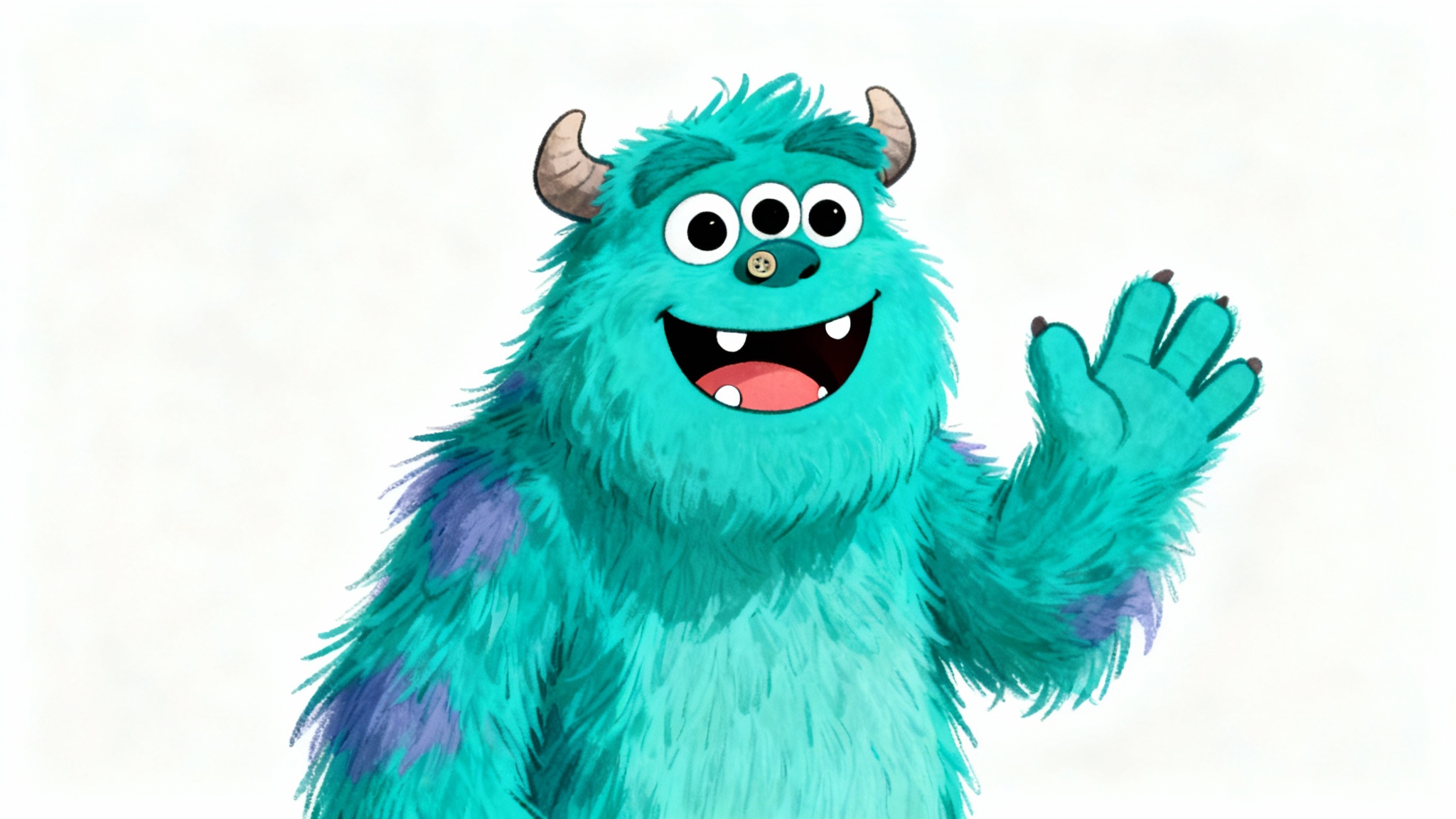 A colorful digital drawing of a friendly turquoise monster with three eyes and a big smile, waving cheerfully against a plain white background.