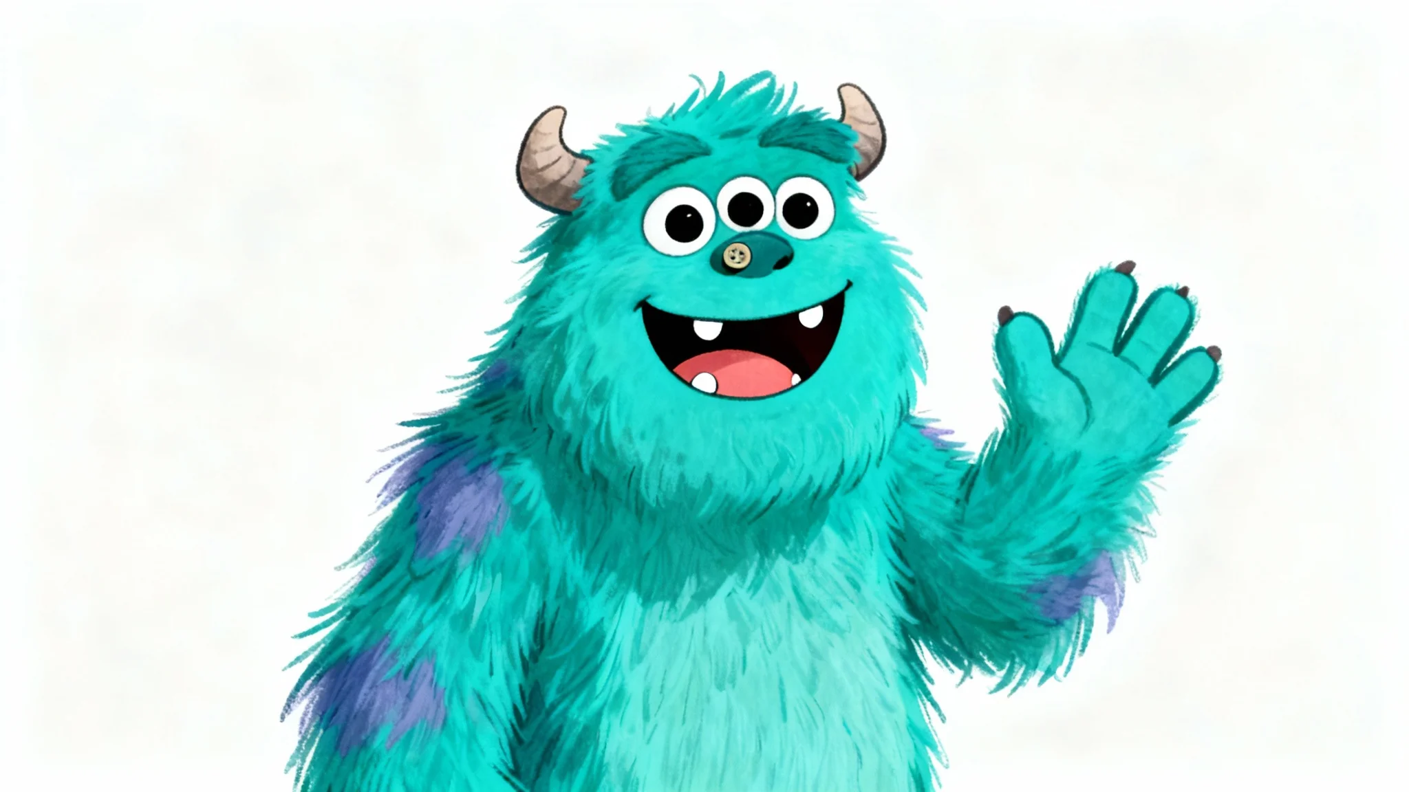 A colorful digital drawing of a friendly turquoise monster with three eyes and a big smile, waving cheerfully against a plain white background.