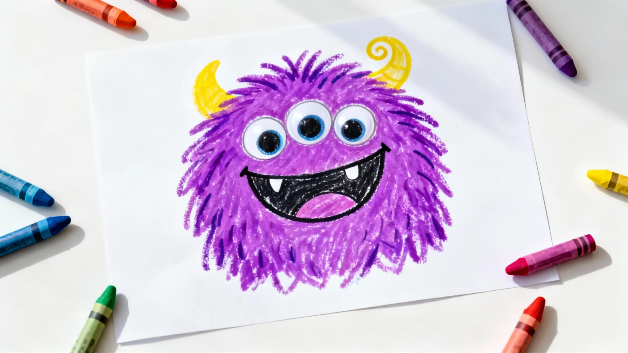 A whimsical child's crayon drawing of a friendly purple monster with three eyes, laid flat on a clean white surface with a few crayons scattered nearby.