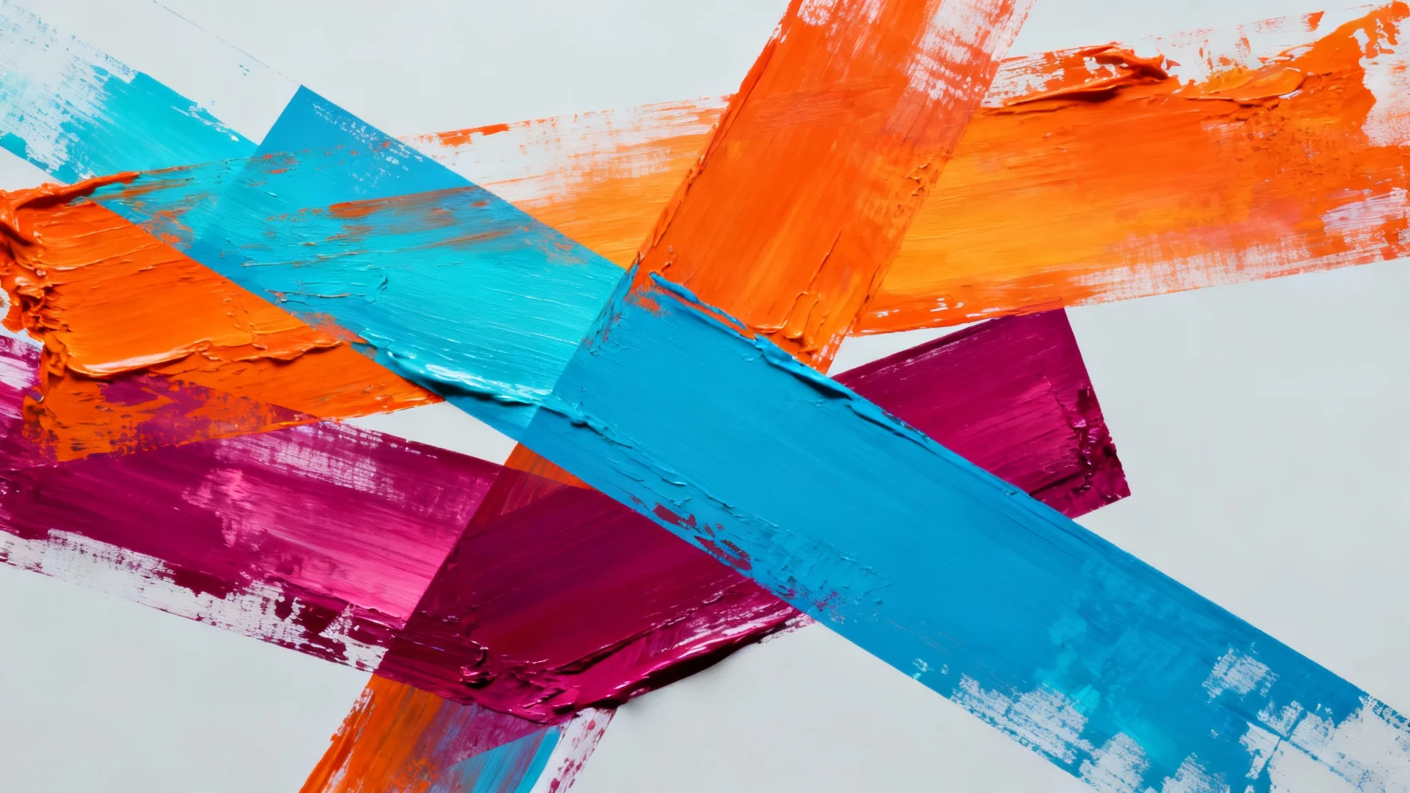 A vibrant and energetic modern abstract painting in a wide 16:9 format, featuring a mix of bold colors like blue, orange, and magenta, with dynamic brushstrokes and geometric shapes. The final artwork is shown against a clean background.
