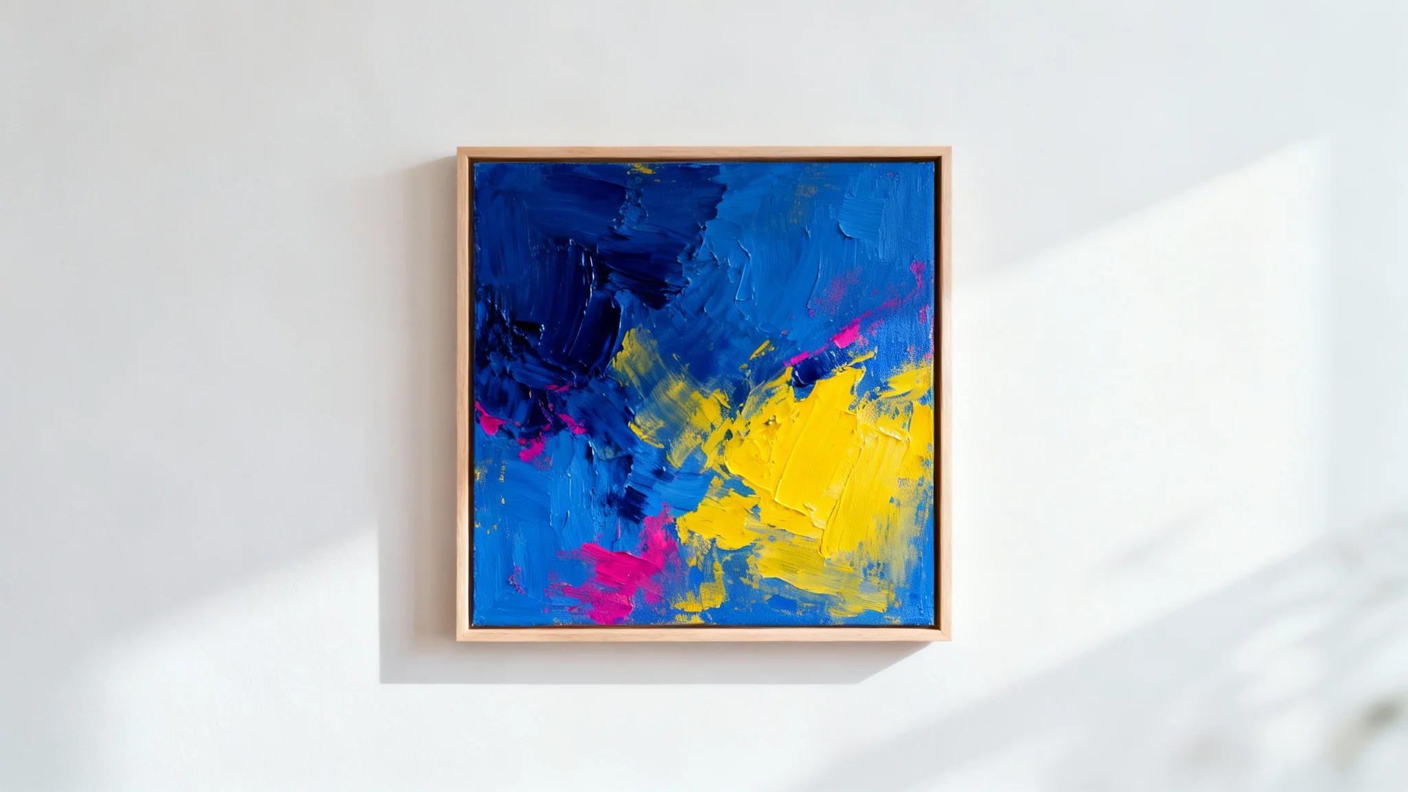 A photorealistic mockup of a vibrant, abstract modern art painting in a simple wooden frame, hanging against a clean white wall.