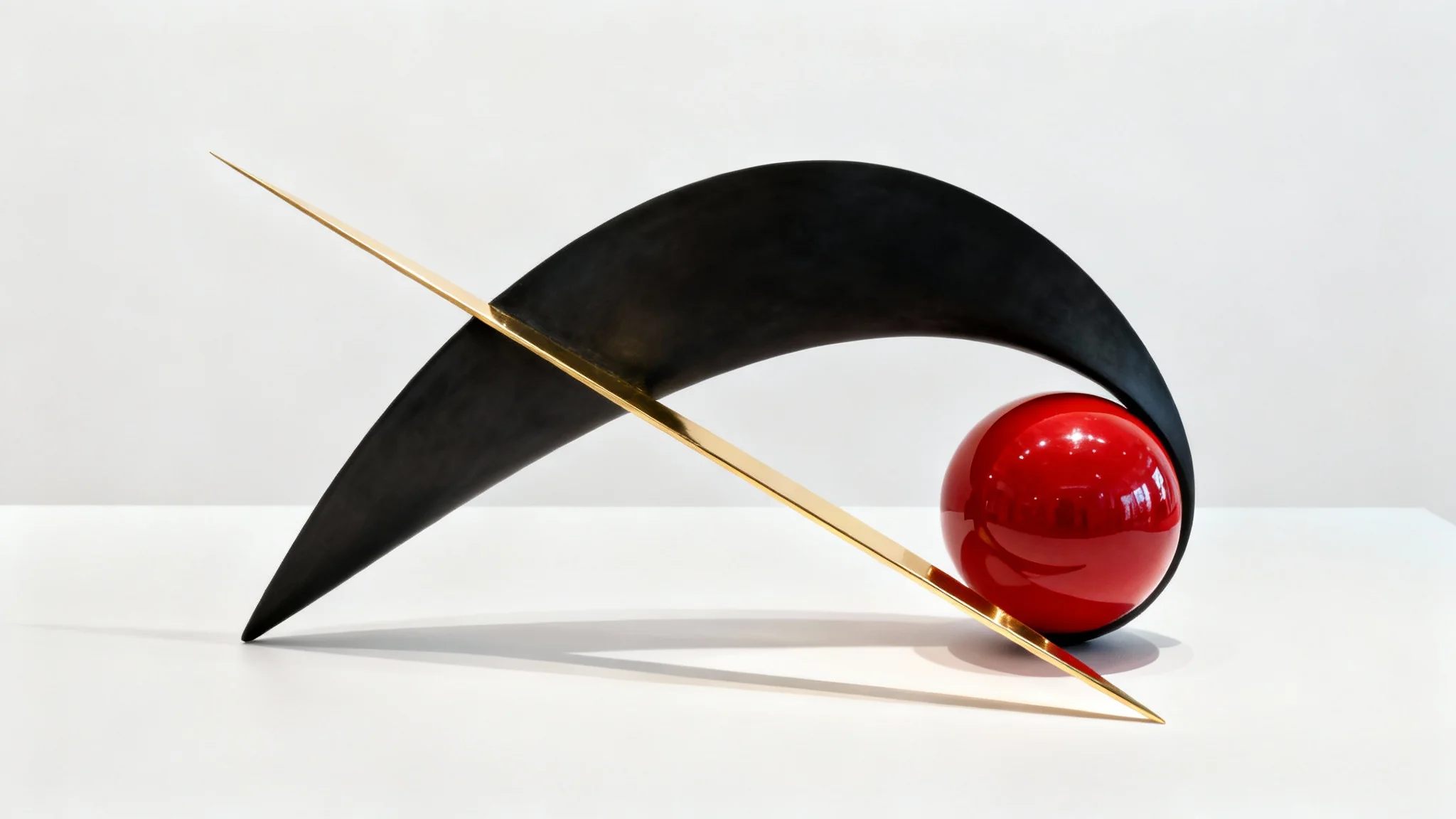 A minimalist photograph of a modern abstract sculpture featuring geometric shapes in black, red, and gold, set against a stark white background.