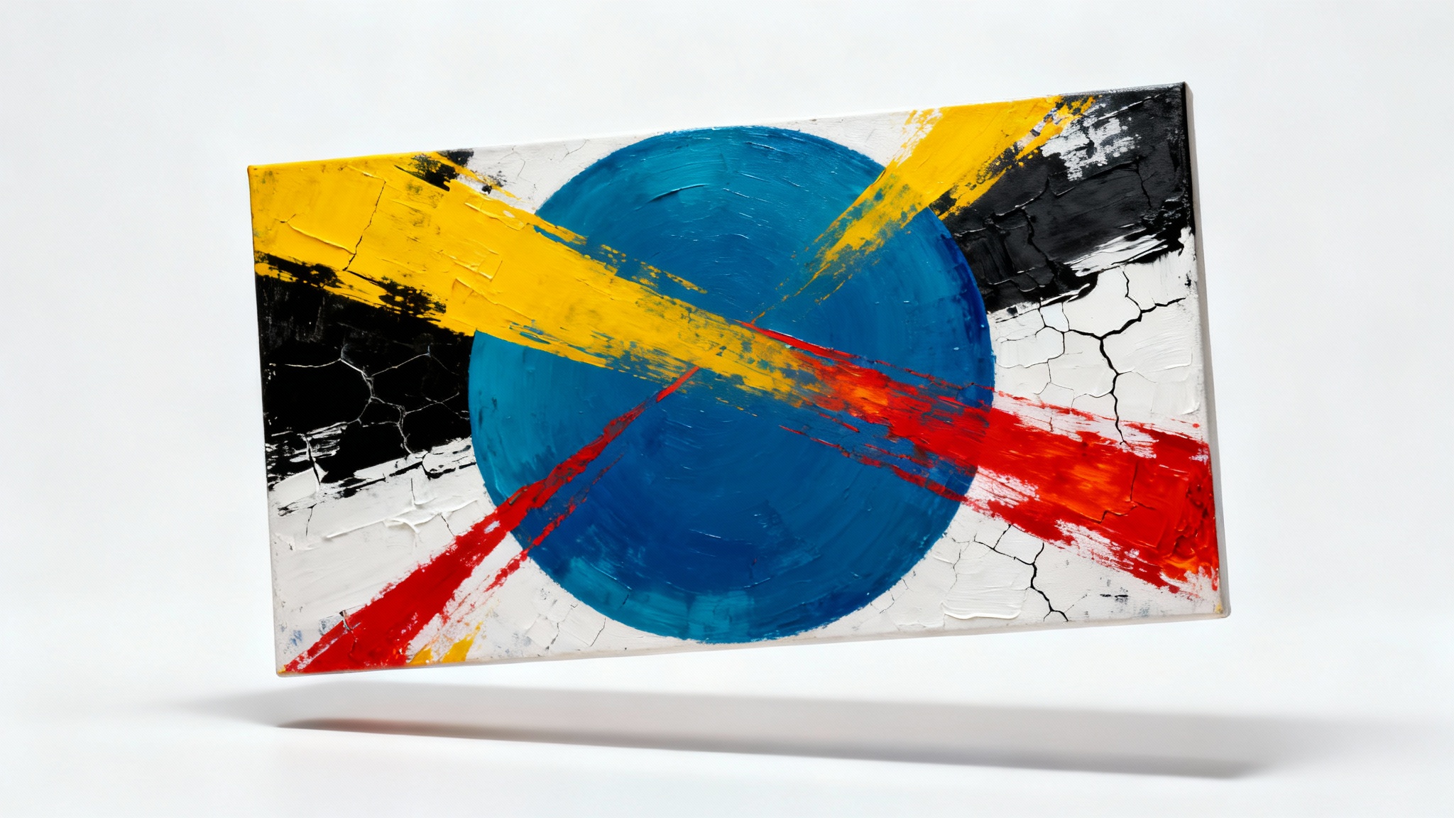 A modern abstract art piece featuring a large blue circle intersected by dynamic red, yellow, black, and white lines and shapes, presented against a clean white background.