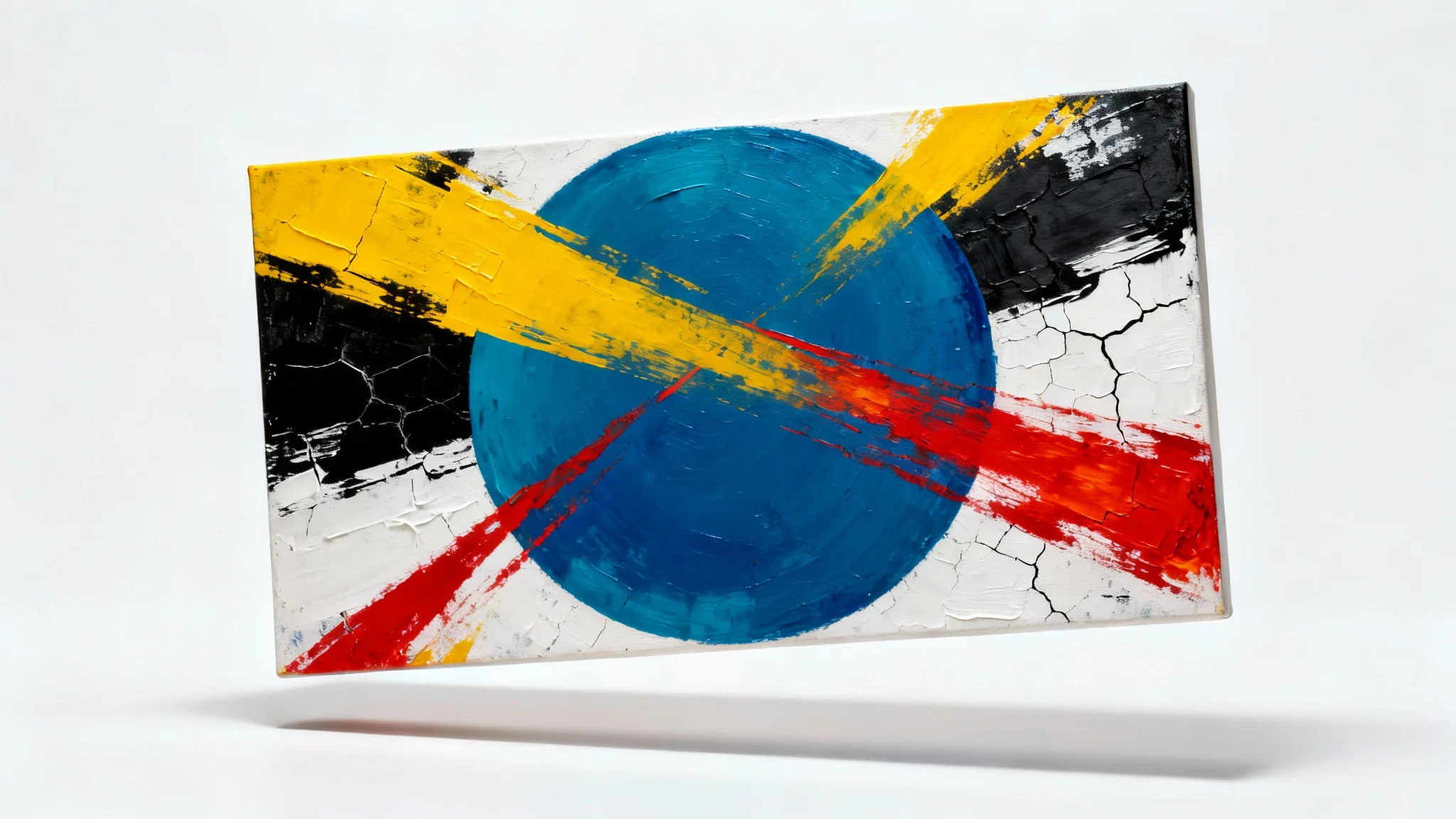 A modern abstract art piece featuring a large blue circle intersected by dynamic red, yellow, black, and white lines and shapes, presented against a clean white background.