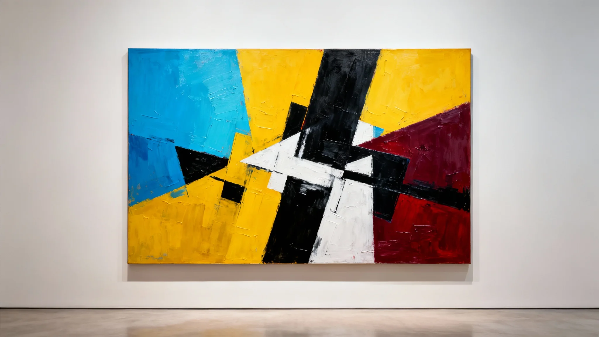 A photorealistic mockup of a large modern abstract painting with vibrant blue, yellow, and red geometric shapes, hanging on a clean white gallery wall.