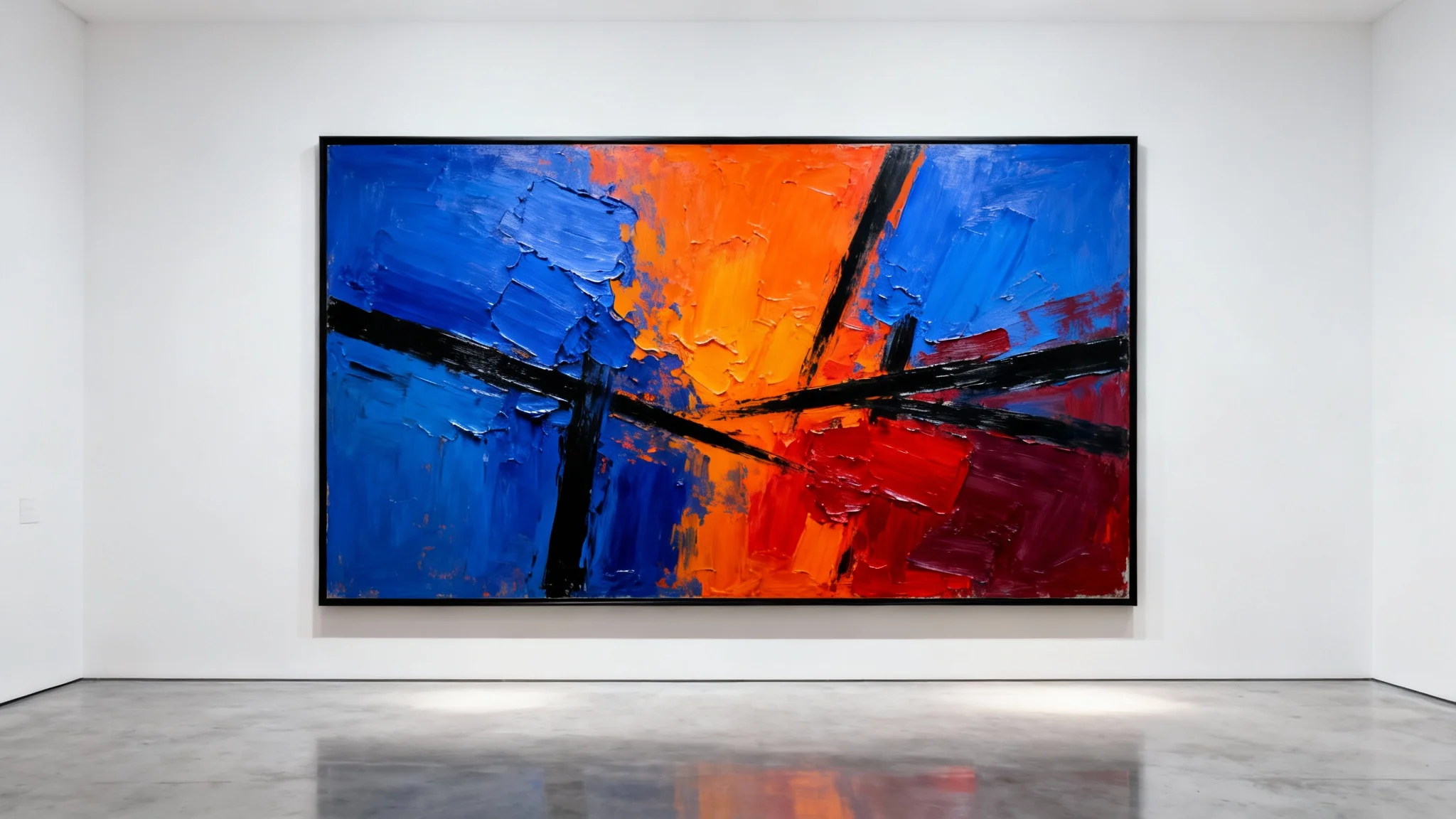 A large, modern abstract painting with bold blue, orange, and red strokes hangs on a white wall in a clean, minimalist gallery setting.