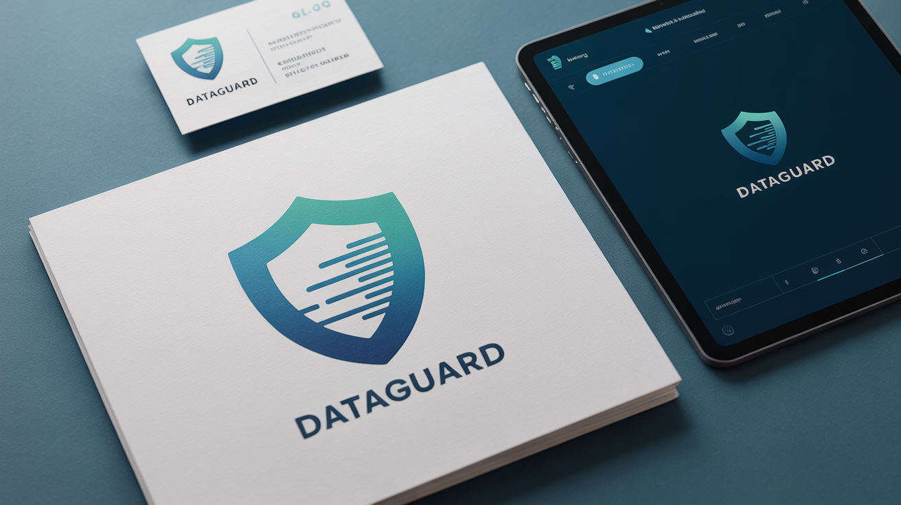 A branding mockup for a data protection company named 'DataGuard'. The logo, featuring a blue and green shield, is displayed on a business card and a tablet, showcasing a professional and modern design.