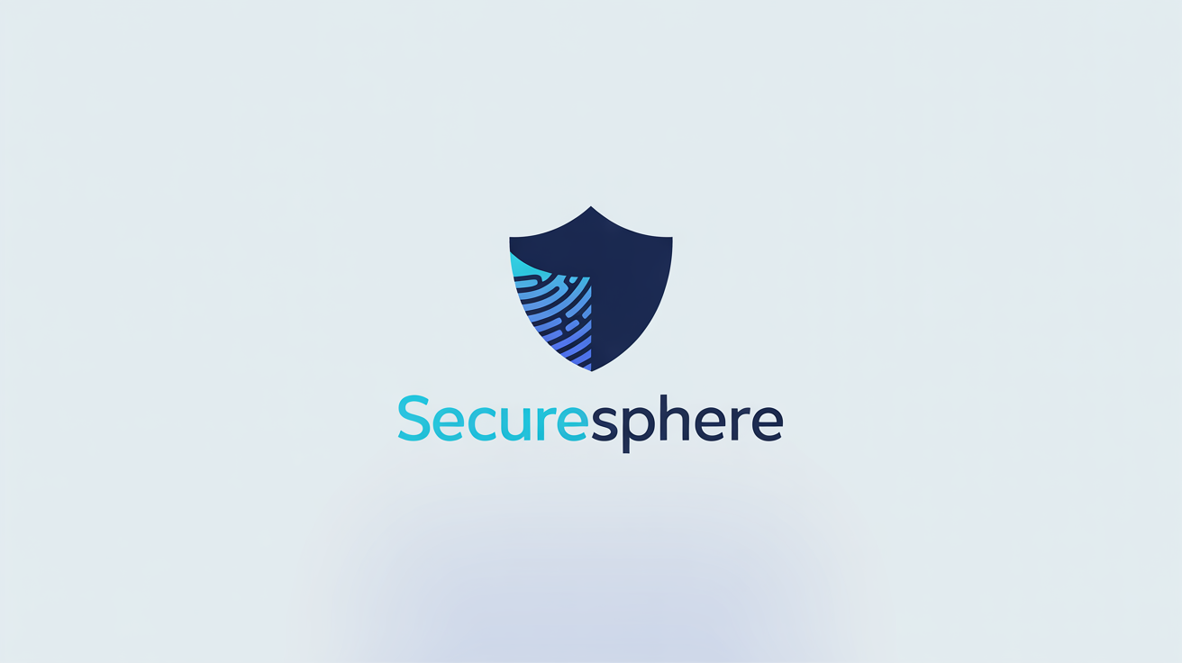 A modern logo for a data protection company named 'SecureSphere', featuring a blue and silver shield with a digital fingerprint pattern inside. The logo is on a white background.