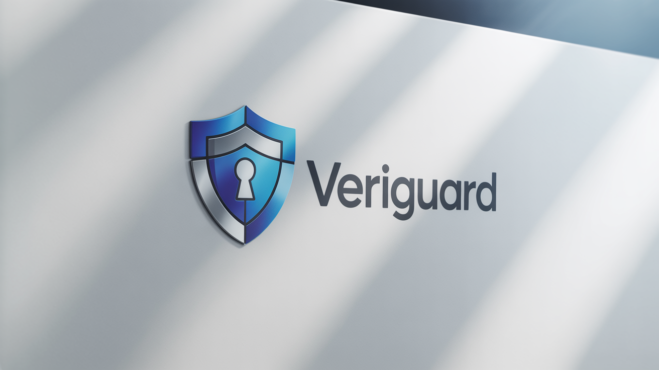 A modern data protection logo for a company called 'VeriGuard'. The logo features a blue and silver shield icon with a digital keyhole, presented as a mockup on a clean white background.