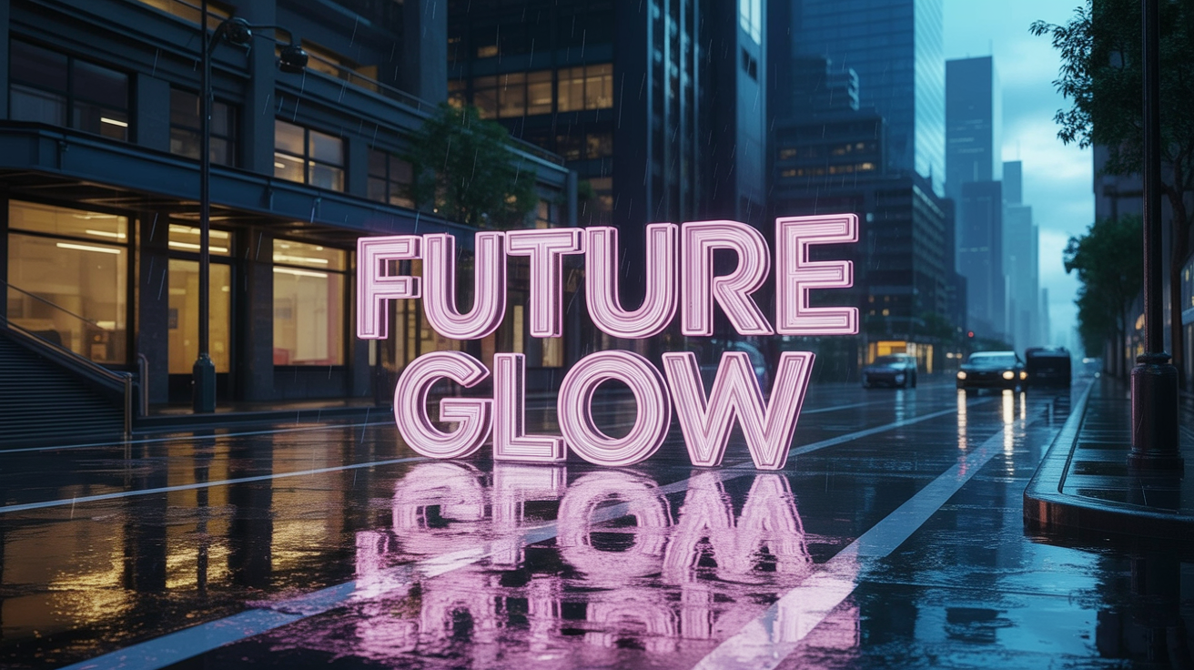 A photorealistic image of a dark, futuristic alley at night, where the words 'FUTURE GLOW' shine in bright magenta neon, casting a vibrant glow on the wet street below.