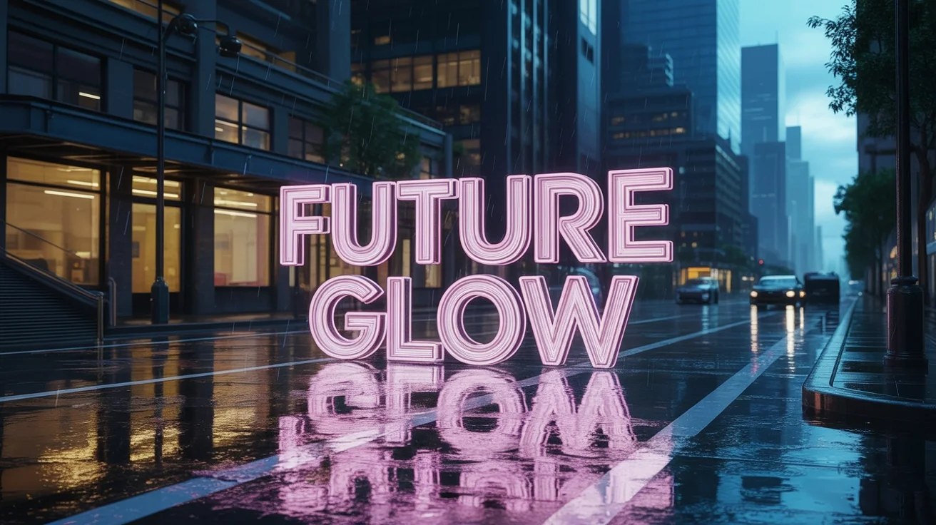 A photorealistic image of a dark, futuristic alley at night, where the words 'FUTURE GLOW' shine in bright magenta neon, casting a vibrant glow on the wet street below.