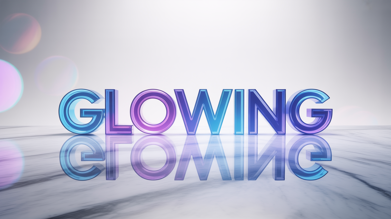 The word 'GLOWING' in bold, stylized font, radiating a bright blue and purple neon light against a clean white background, with a soft reflection on the surface beneath.