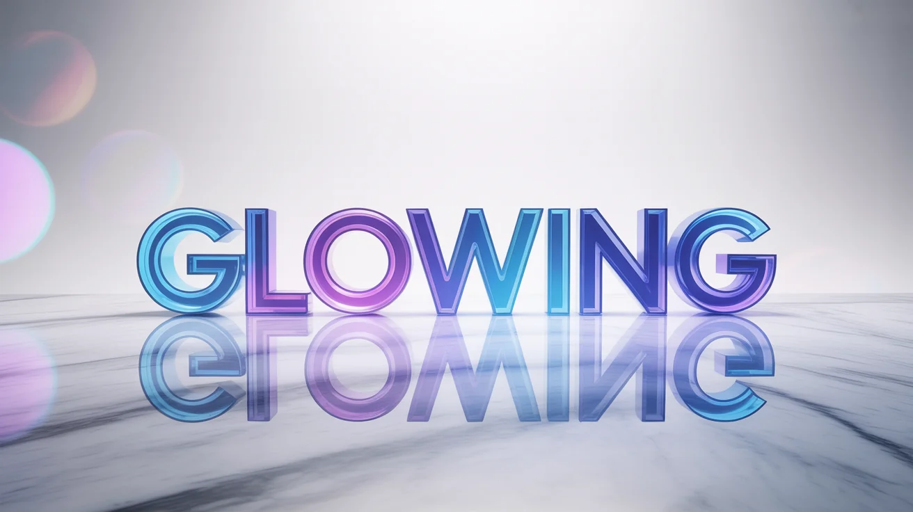 The word 'GLOWING' in bold, stylized font, radiating a bright blue and purple neon light against a clean white background, with a soft reflection on the surface beneath.