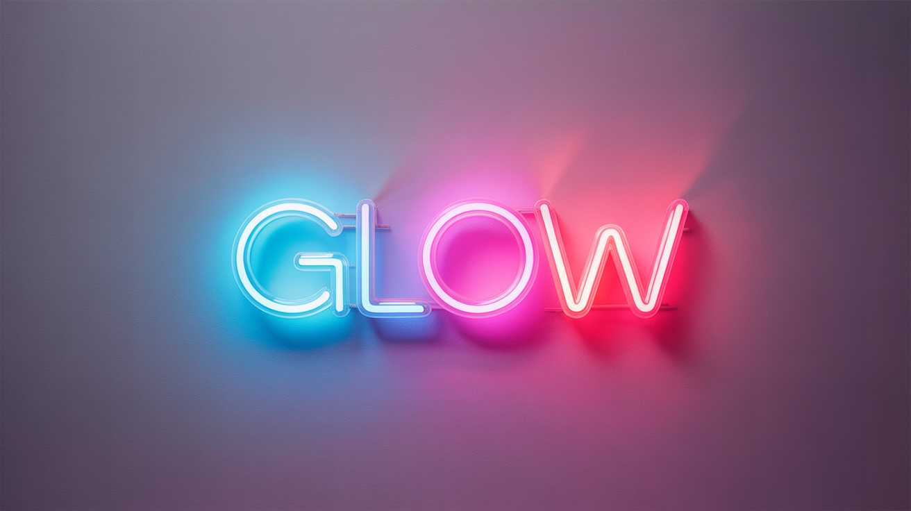 A mockup of the word 'GLOW' rendered in a modern font, emitting a bright blue and pink neon glow against a clean white background.