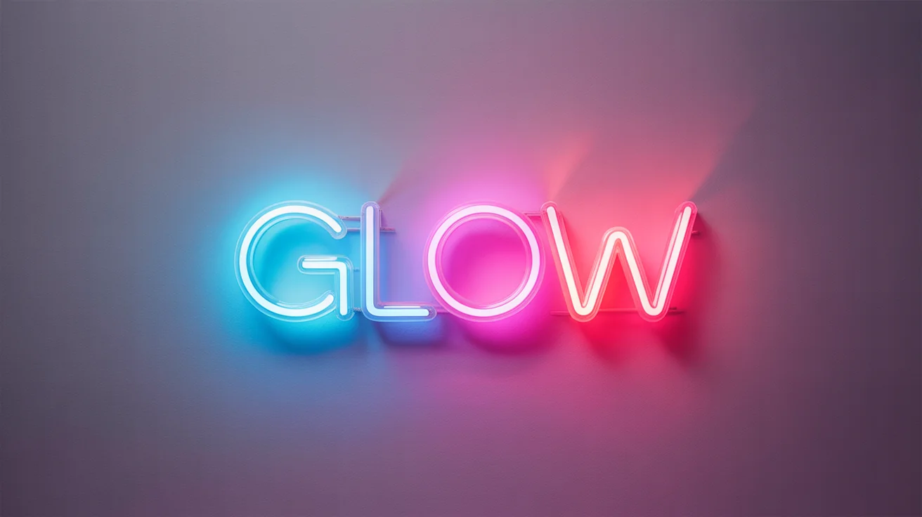 A mockup of the word 'GLOW' rendered in a modern font, emitting a bright blue and pink neon glow against a clean white background.