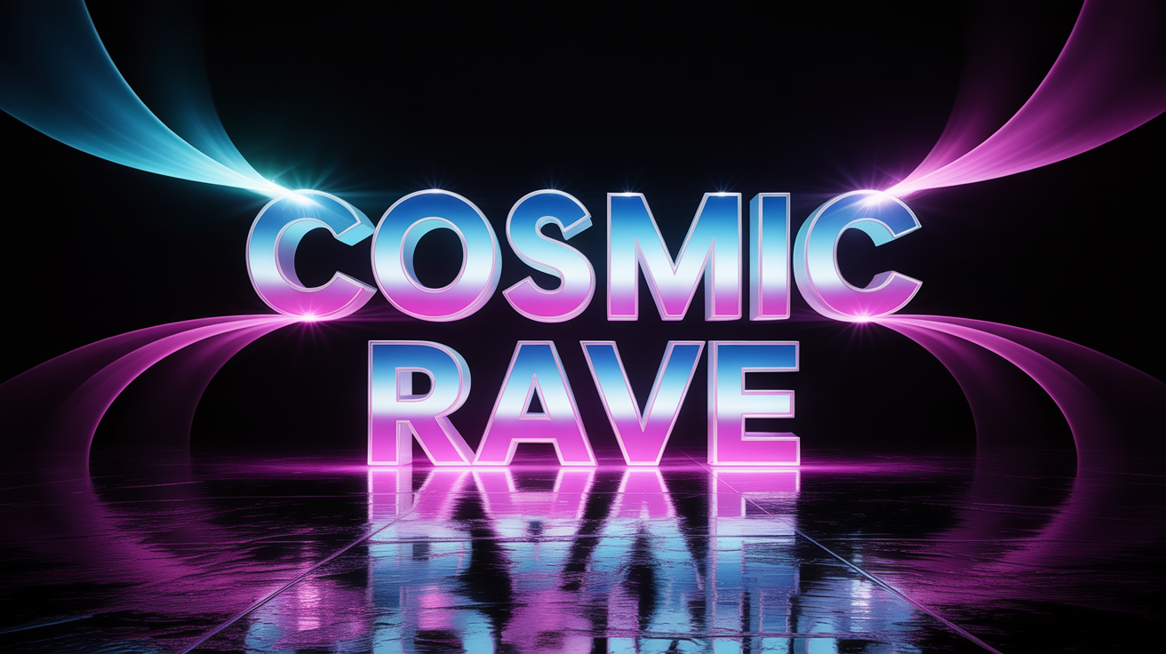 The words 'COSMIC RAVE' with a vibrant blue and pink glow effect, showcased as a mockup against a clean white background.