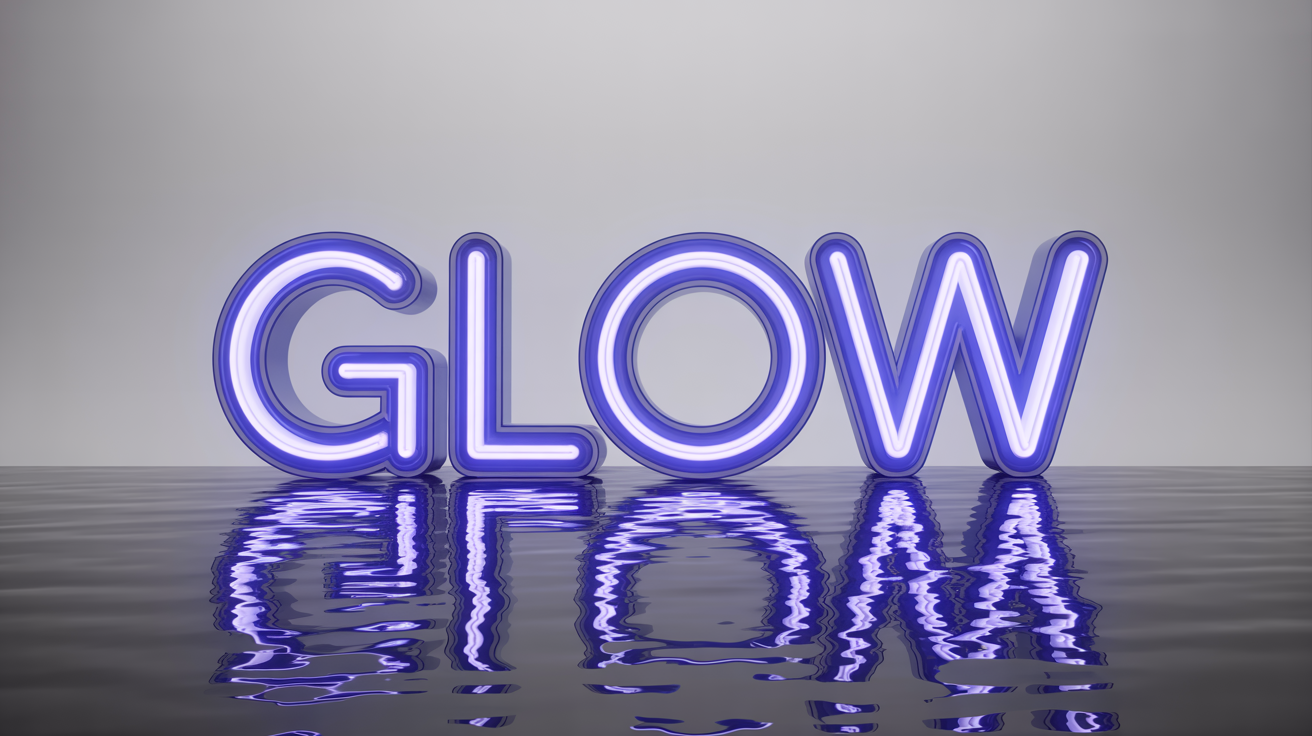 A photorealistic mockup of the word 'GLOW' written in bright, electric blue neon letters, casting a vibrant aura against a clean white background.