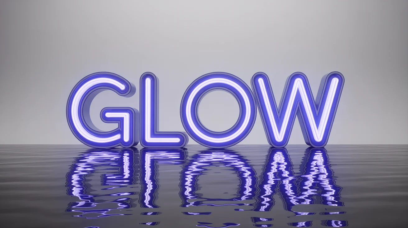 A photorealistic mockup of the word 'GLOW' written in bright, electric blue neon letters, casting a vibrant aura against a clean white background.