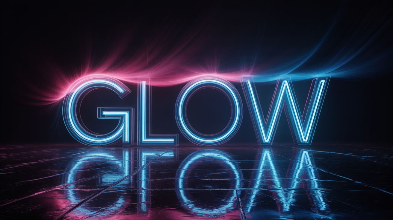 The word 'GLOW' rendered in a brilliant, glowing blue and pink neon light style against a solid black background, showcasing a text glow effect.