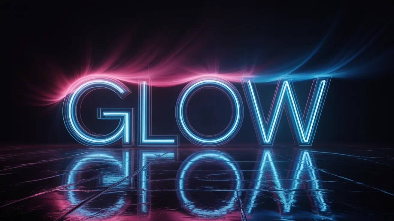 The word 'GLOW' rendered in a brilliant, glowing blue and pink neon light style against a solid black background, showcasing a text glow effect.