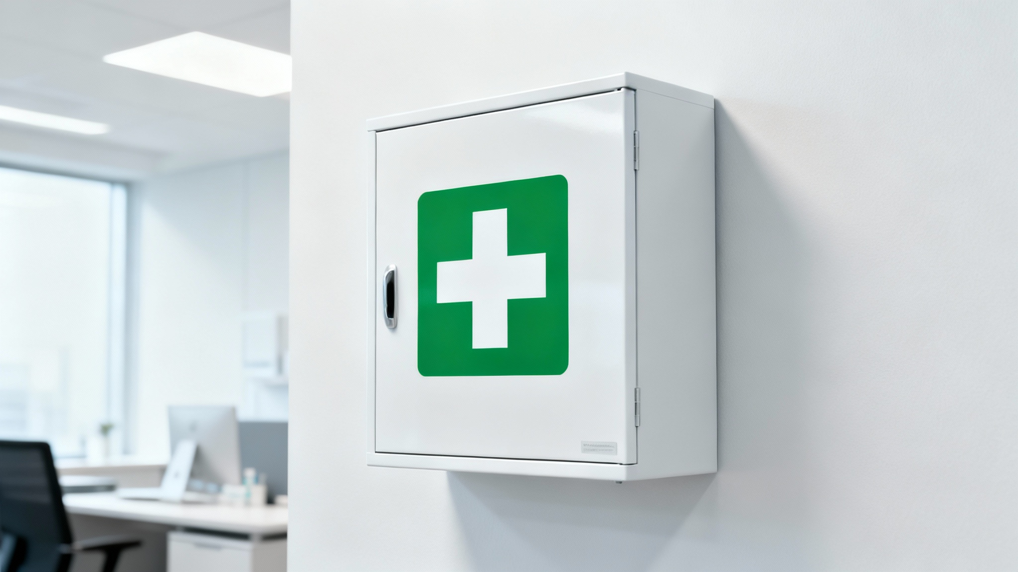A professional photograph of a sleek, modern first aid box mounted on a clean wall. The box is white and prominently features the universal first aid symbol—a white cross inside a green square—printed on its front.