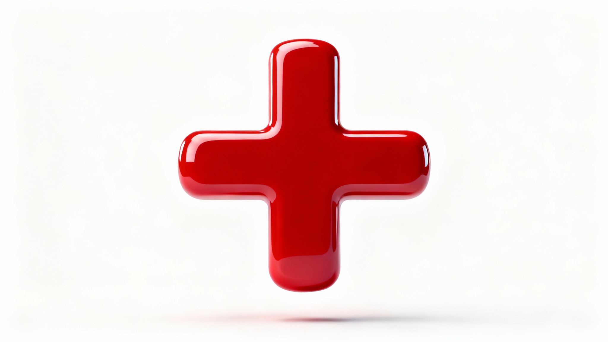 A modern, 3D rendering of a vibrant red first aid cross symbol, positioned centrally against a plain white background.