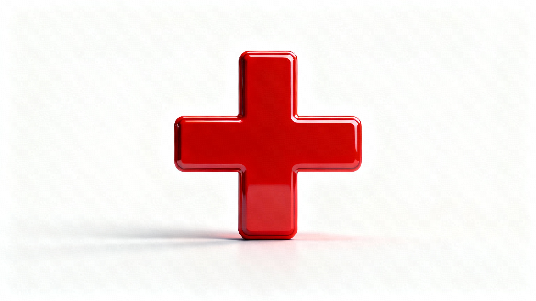 A 3D rendering of a glossy red first aid cross symbol, positioned centrally on a clean white background, symbolizing medical assistance and safety.
