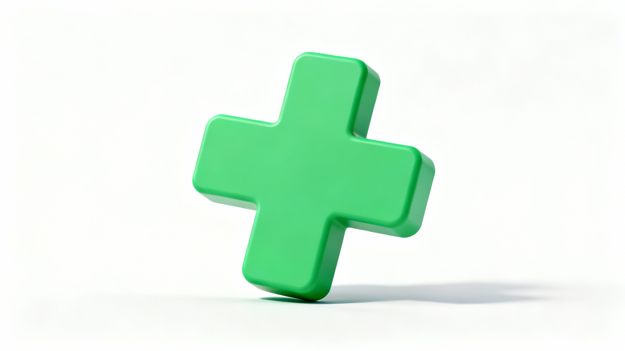 A 3D rendering of a green first aid cross symbol, presented in a clean, minimalist style on a white background.