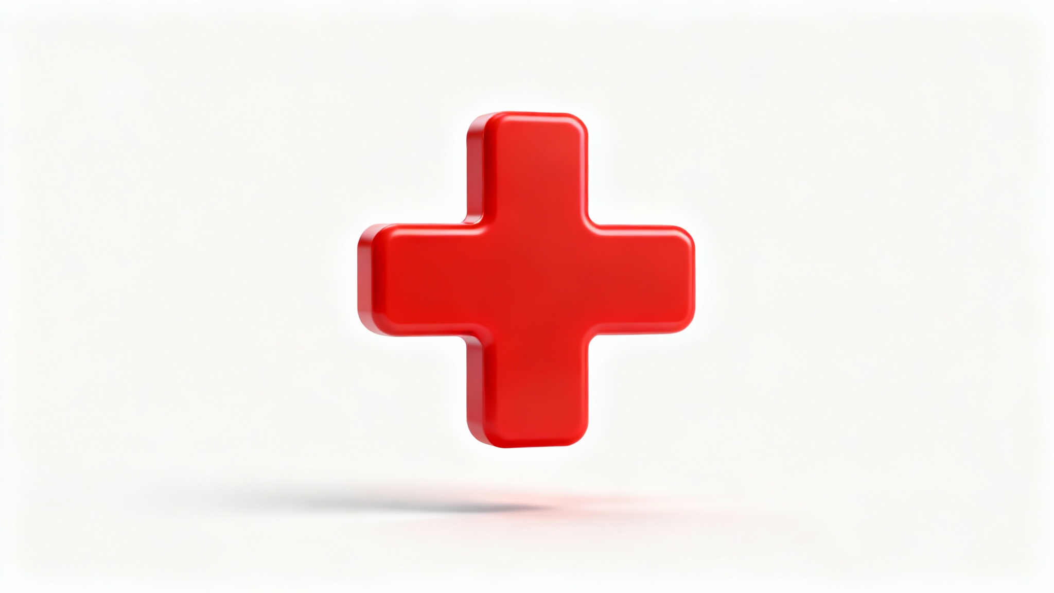A 3D rendering of a bold red first aid cross symbol, centered against a stark white background in a clean, minimalist style.