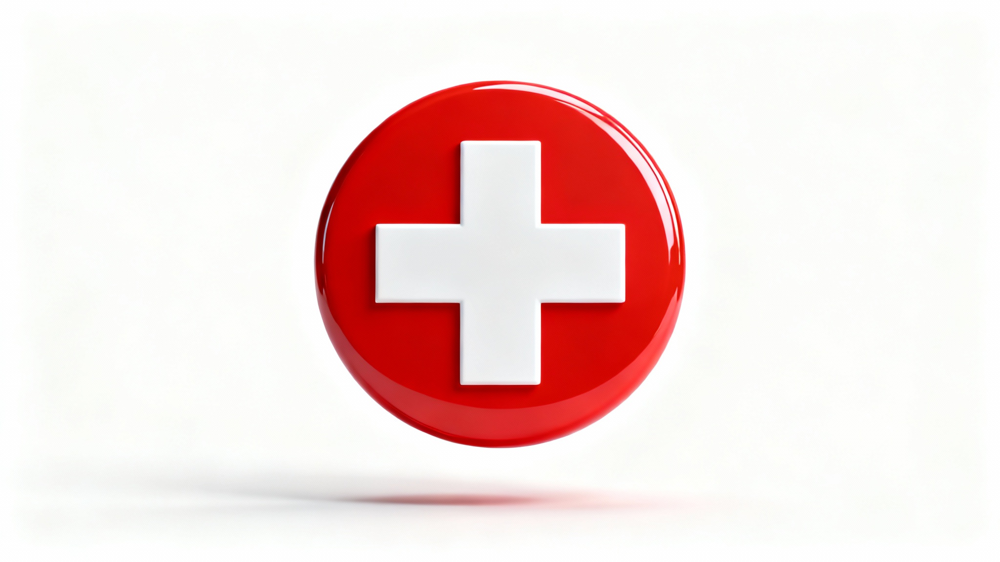 A 3D rendering of a first aid symbol, showing a white cross on a red circular background, displayed against a plain white surface.