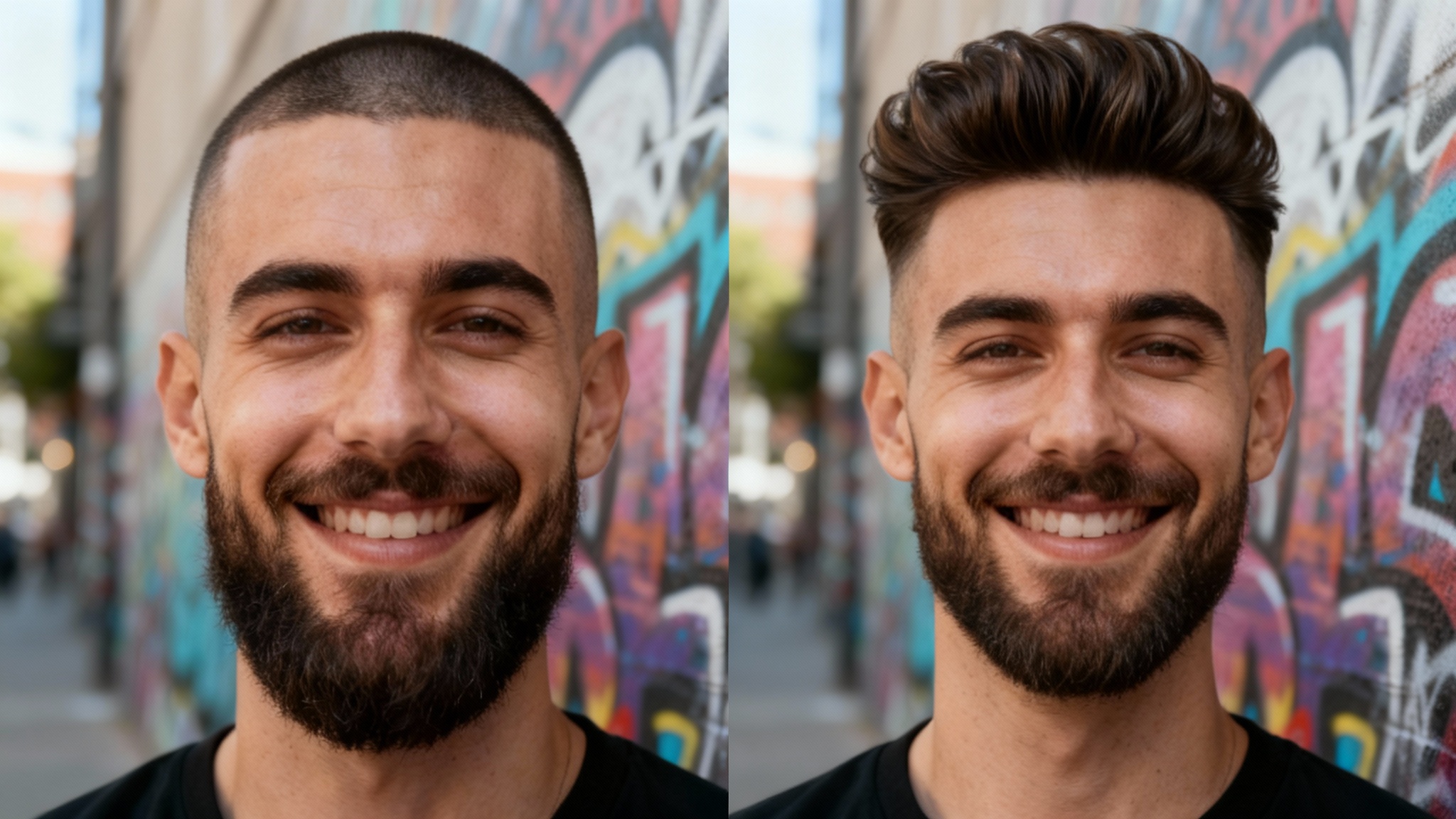 Side-by-side comparison of a man before and after using a hairstyle try-on tool. The left shows him with a buzz cut, and the right shows him with a stylish modern quiff hairstyle, demonstrating the app's result.