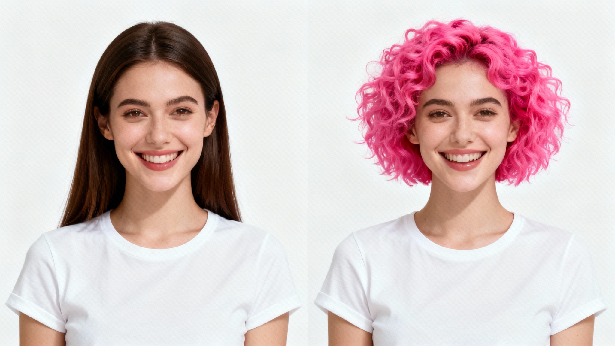 A split-screen 'before and after' style image of a woman using a hairstyle try-on. On the left, she has long dark hair, and on the right, she has a short, vibrant pink hairstyle, demonstrating the feature.