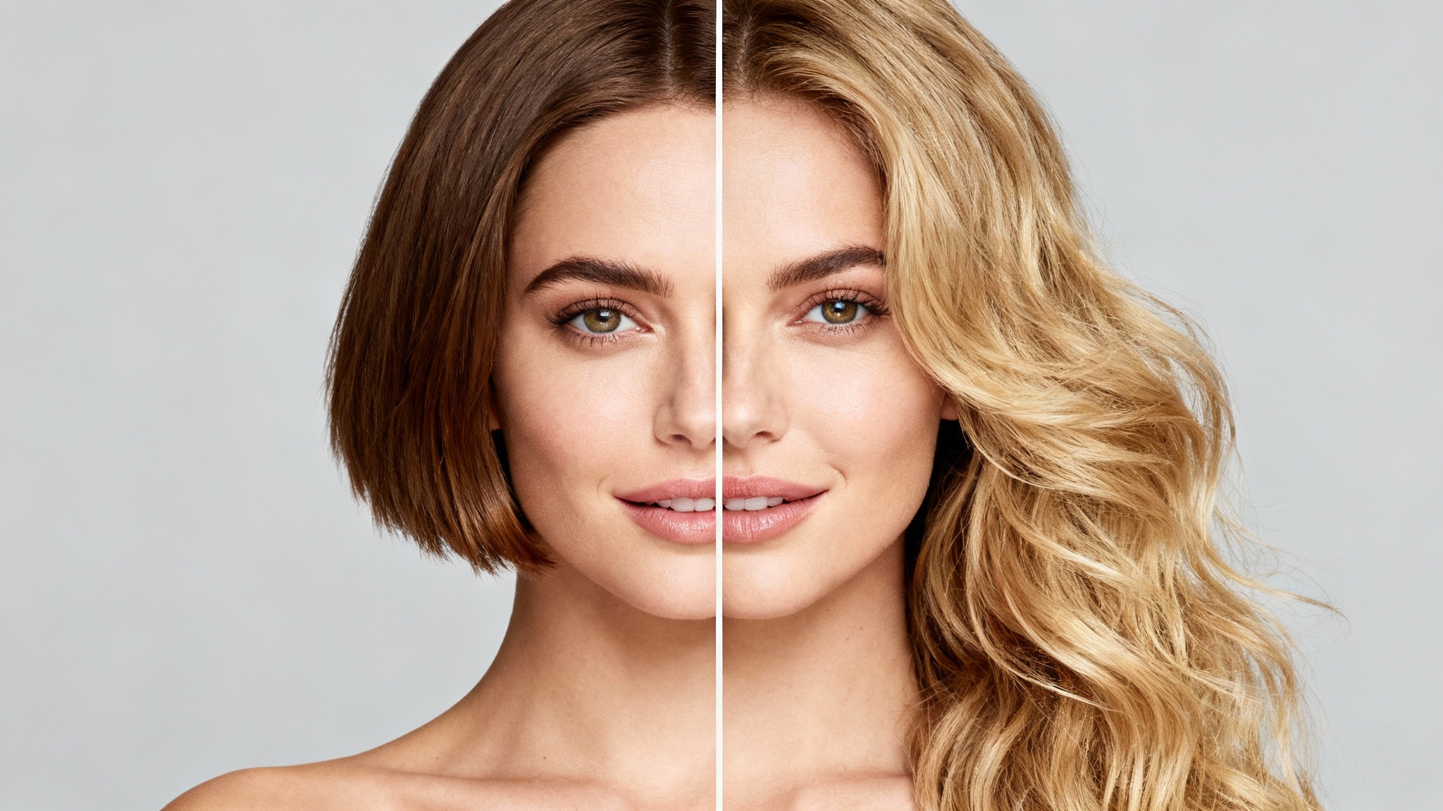 A split-screen portrait showing the same woman with two different hairstyles. The left side features a short brown pixie cut, while the right side shows long, wavy blonde hair, demonstrating a virtual hairstyle try-on.