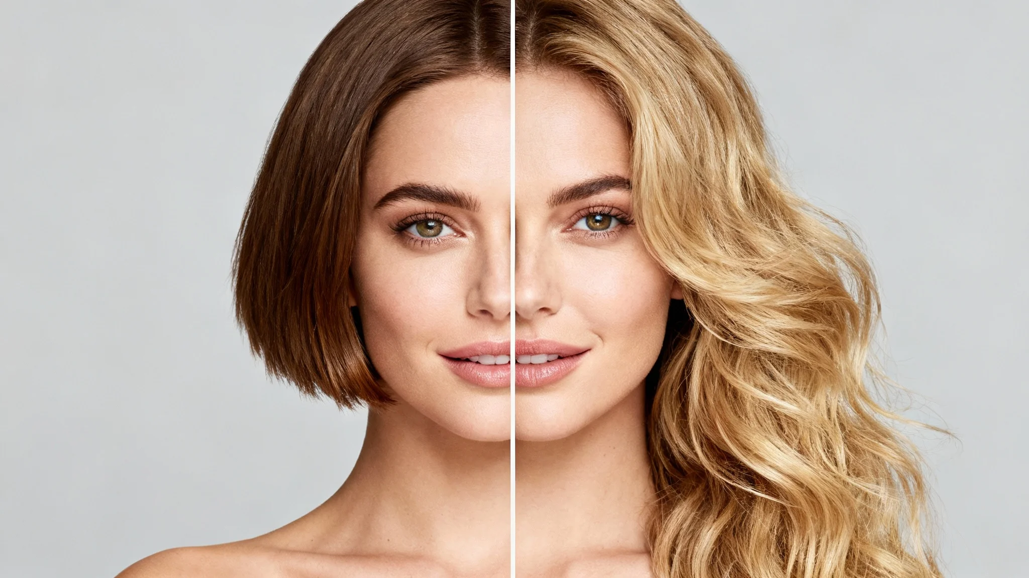 A split-screen portrait showing the same woman with two different hairstyles. The left side features a short brown pixie cut, while the right side shows long, wavy blonde hair, demonstrating a virtual hairstyle try-on.