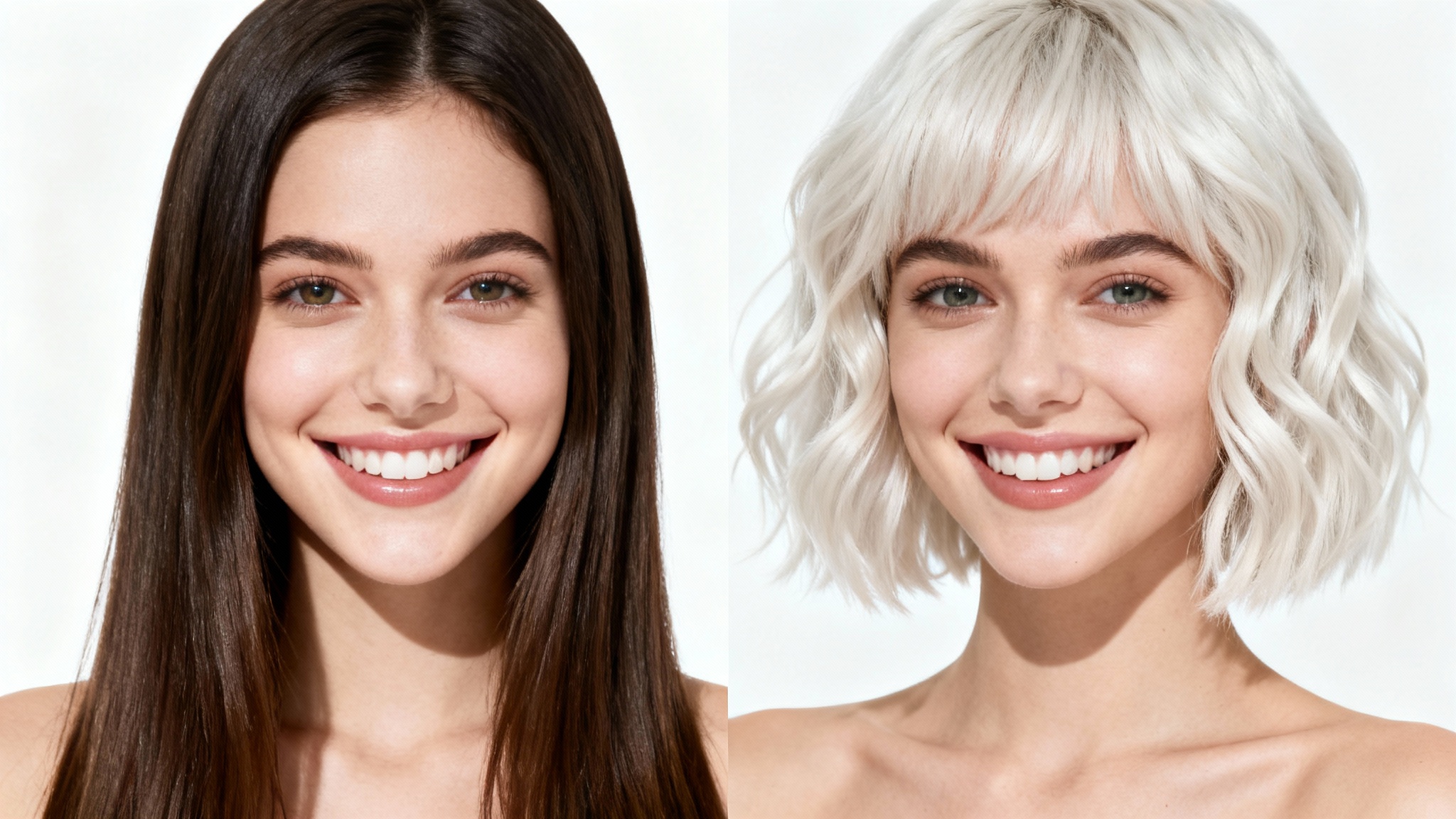 A split-screen portrait demonstrating a hairstyle try-on. On the left, a woman has long brunette hair, and on the right, the same woman has a short, wavy blonde bob.