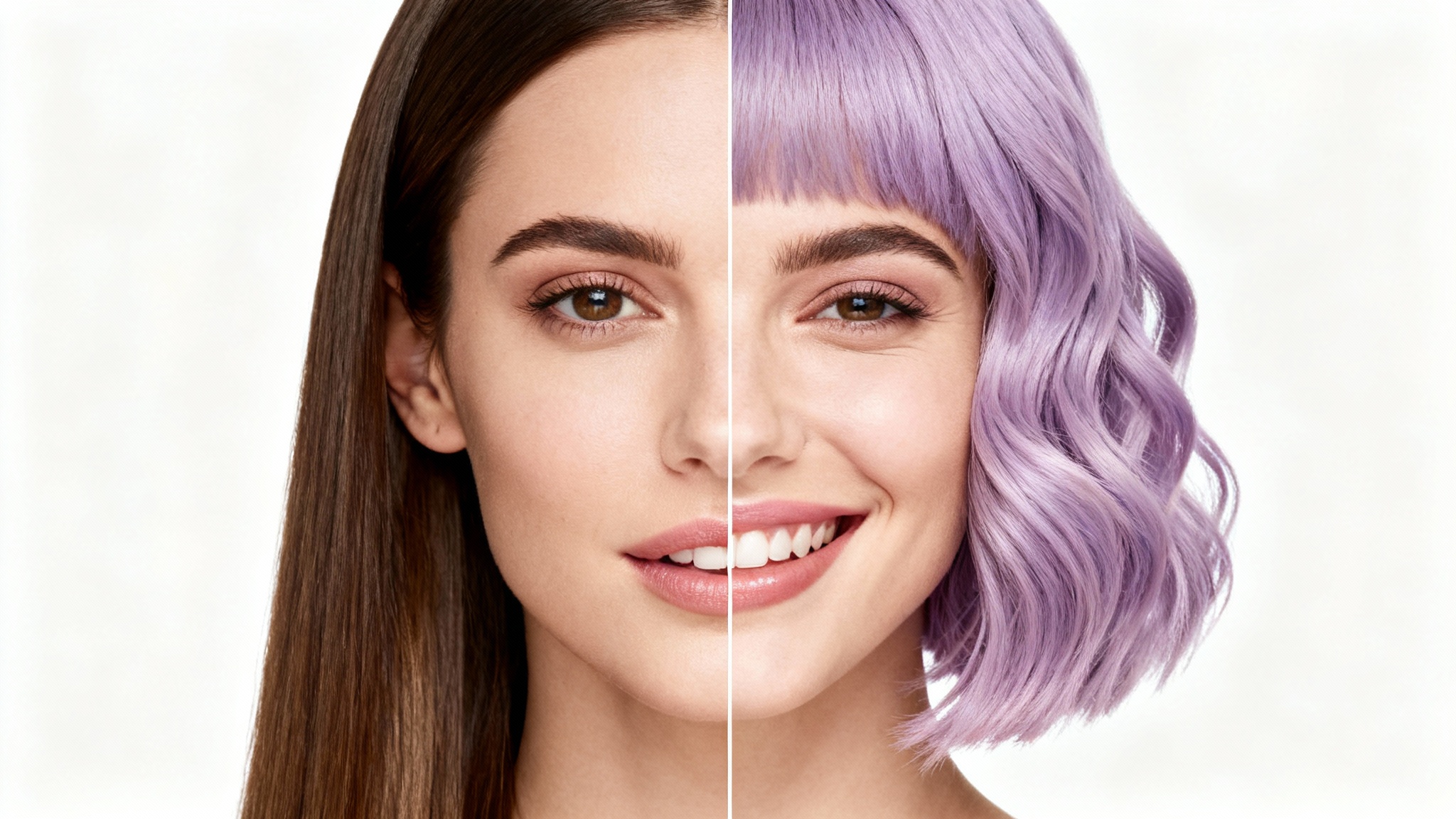 A split-screen portrait of a woman demonstrating a hairstyle try-on. The left side shows her with long brown hair, and the right side shows her with a short, stylish pastel purple bob, looking happy with the change.