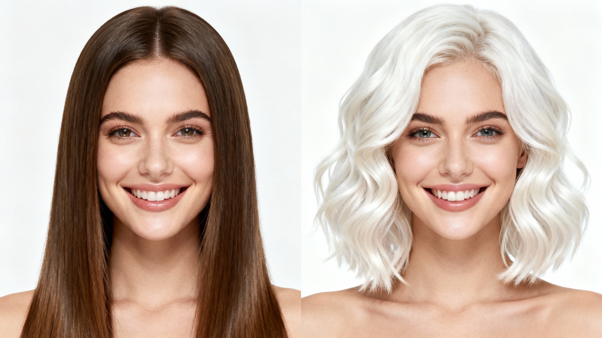 A split-screen portrait of a woman demonstrating a virtual hairstyle try-on. On the left, she has long brown hair; on the right, she has a short, wavy platinum blonde bob.