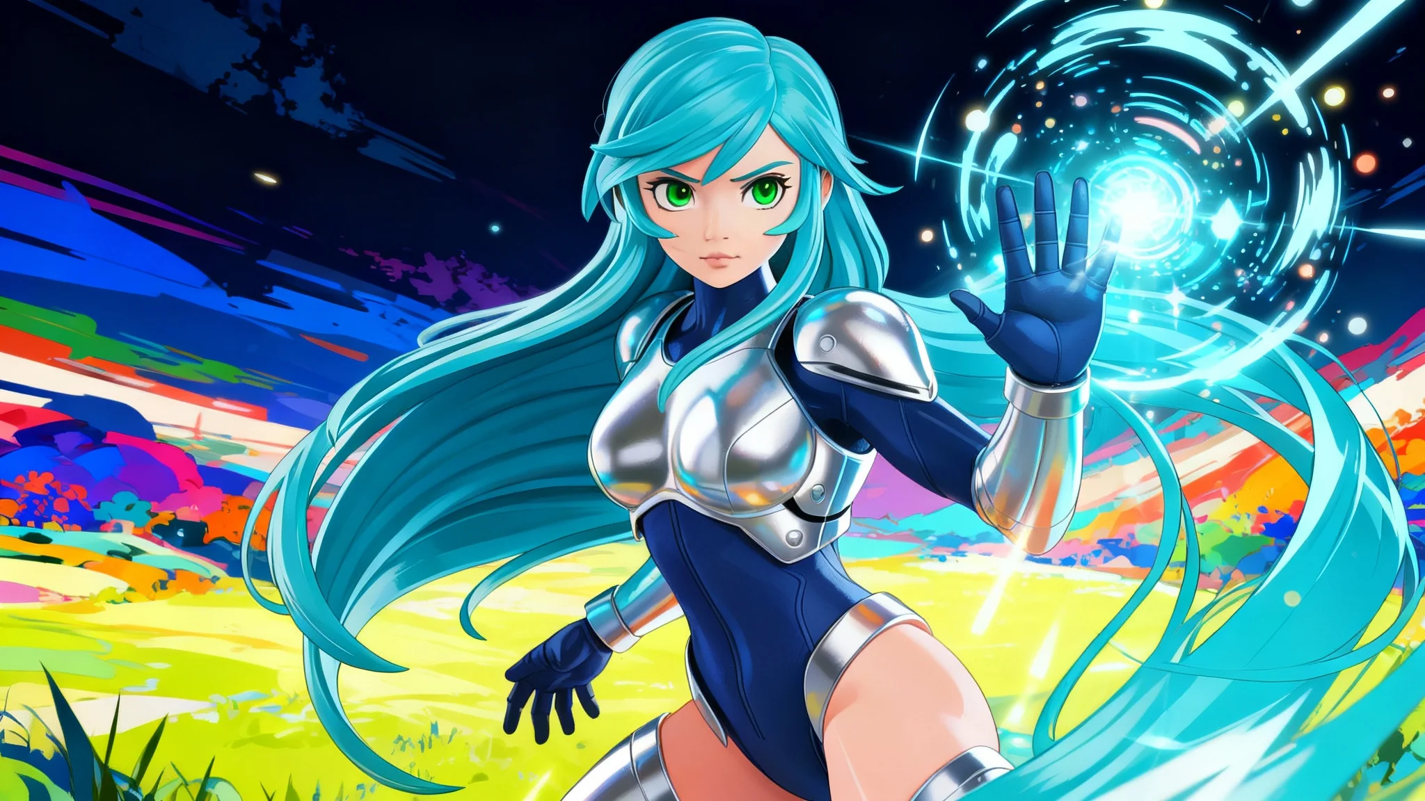 A high-quality anime illustration showing a female character with blue hair and a futuristic outfit casting a spell, representing the final result of a 3D to anime conversion tool.