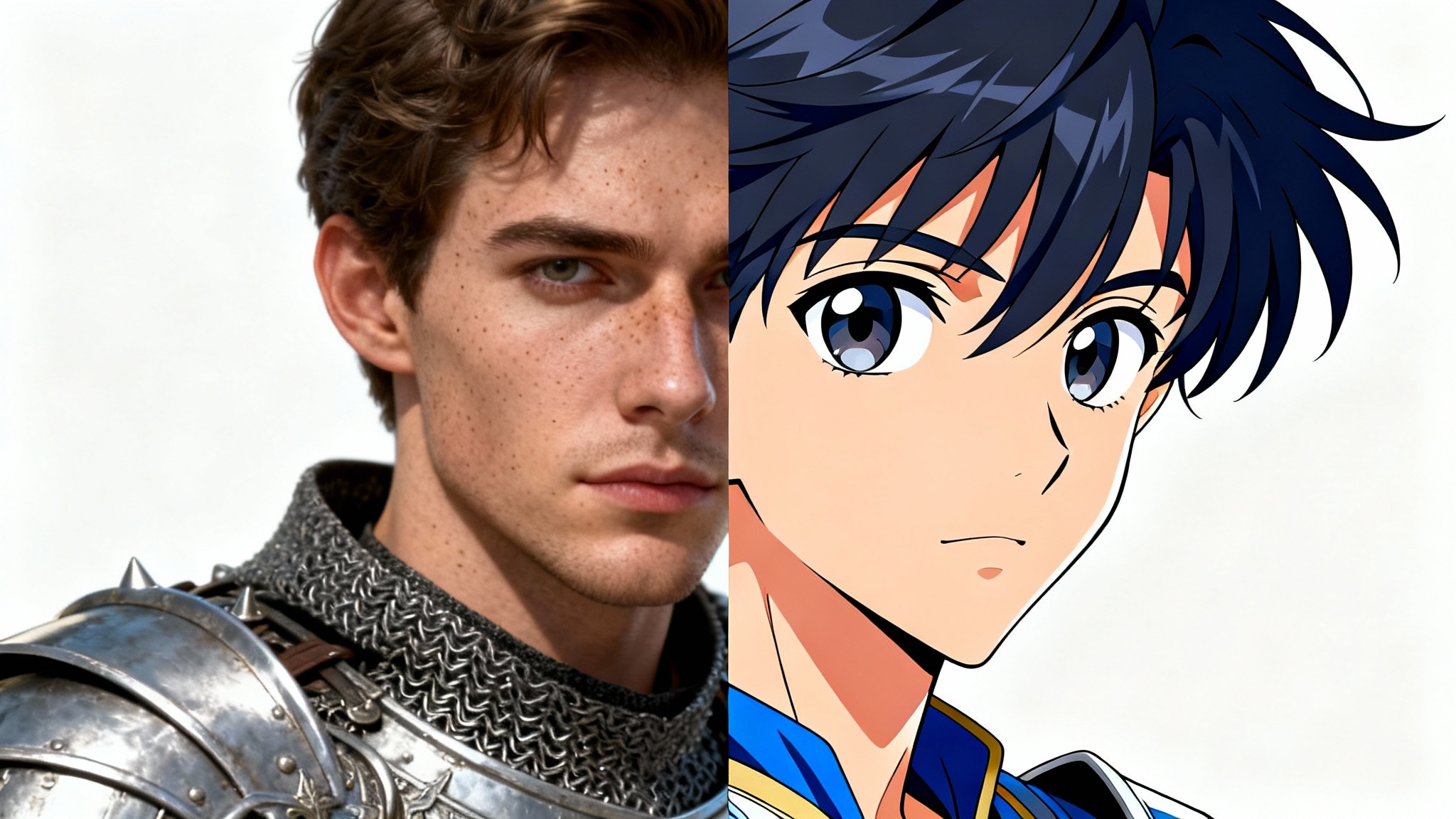 A split-screen image demonstrating a 3D to anime transformation. The left side shows a realistic 3D render of a knight, and the right side shows the same knight in a vibrant anime style, against a white background.
