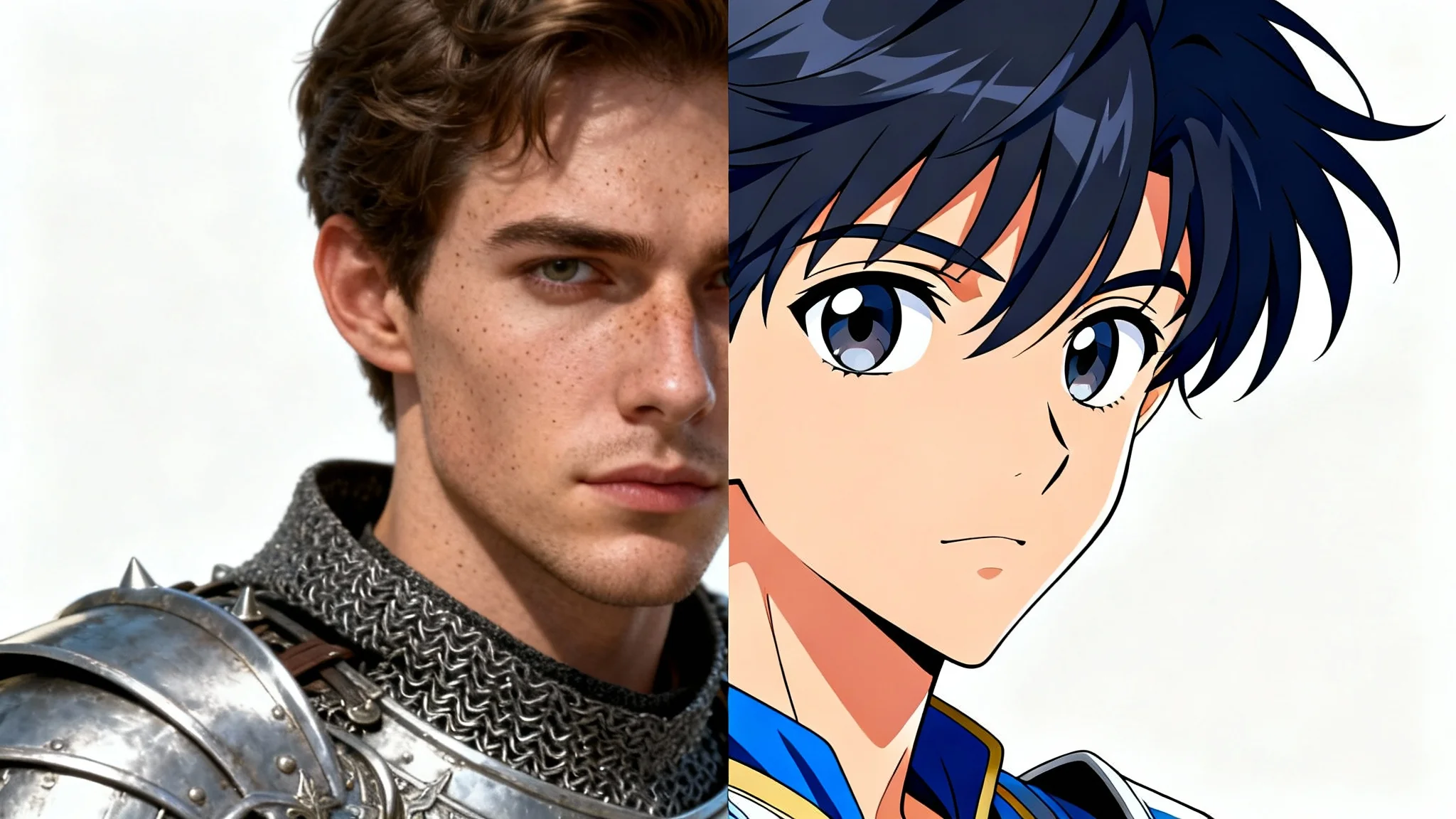 A split-screen image demonstrating a 3D to anime transformation. The left side shows a realistic 3D render of a knight, and the right side shows the same knight in a vibrant anime style, against a white background.