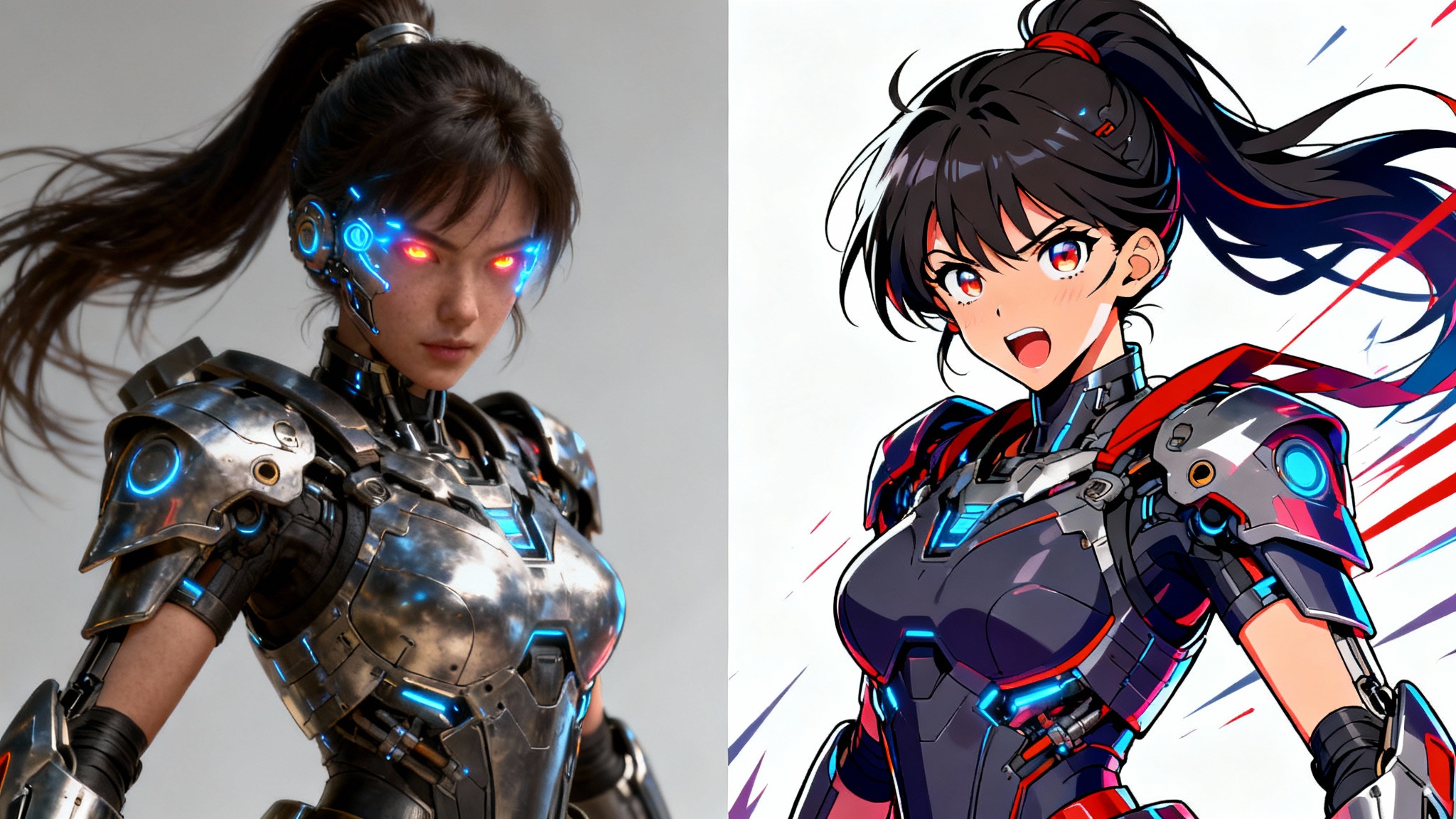 A split-screen image demonstrating a conversion from a realistic 3D render of a female cyborg warrior on the left to a stylized anime version of the same character on the right, against a white background.